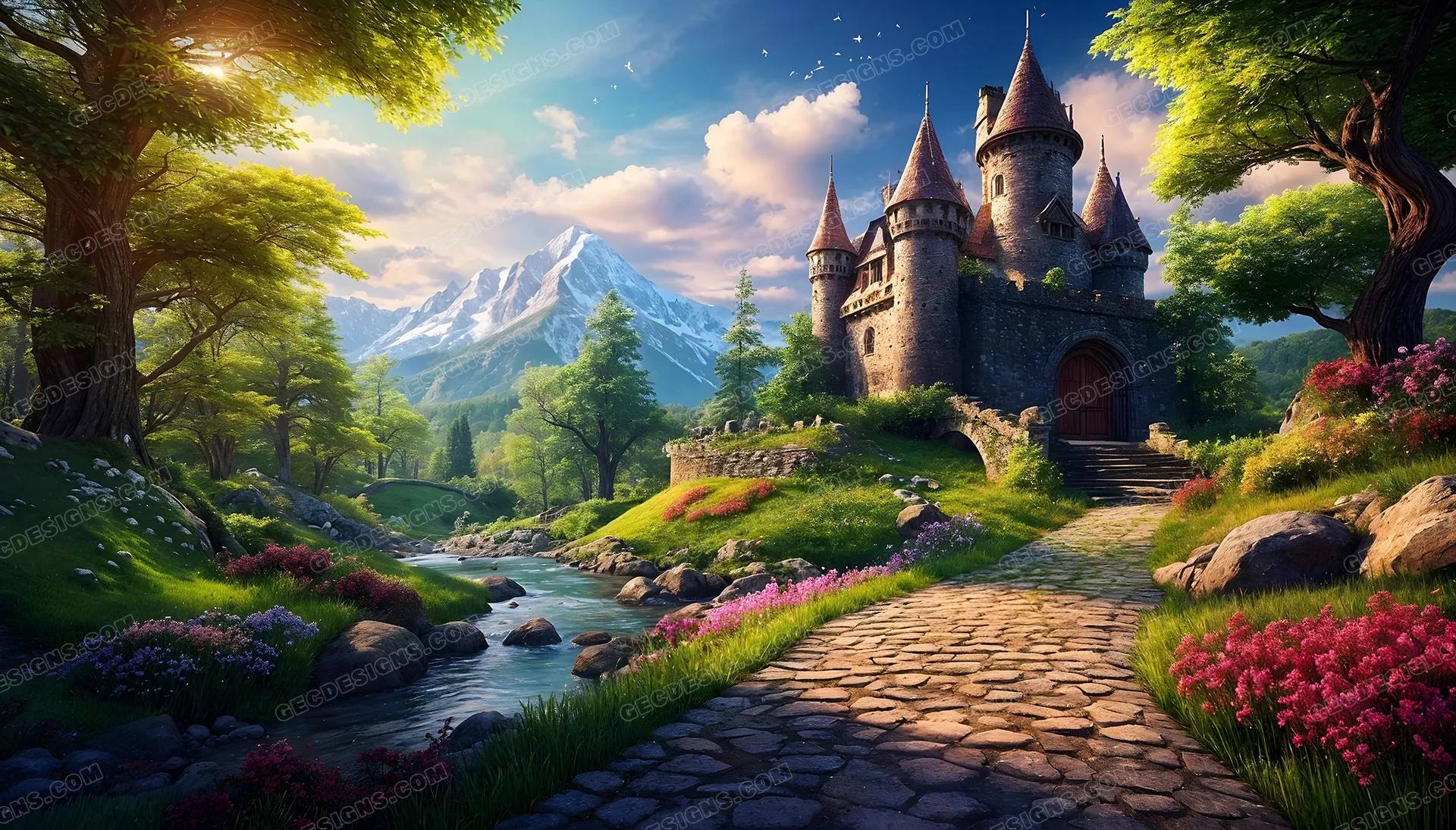 Fantasy castle in a fairy tale forest with mountain, river, and stone path wallpaper