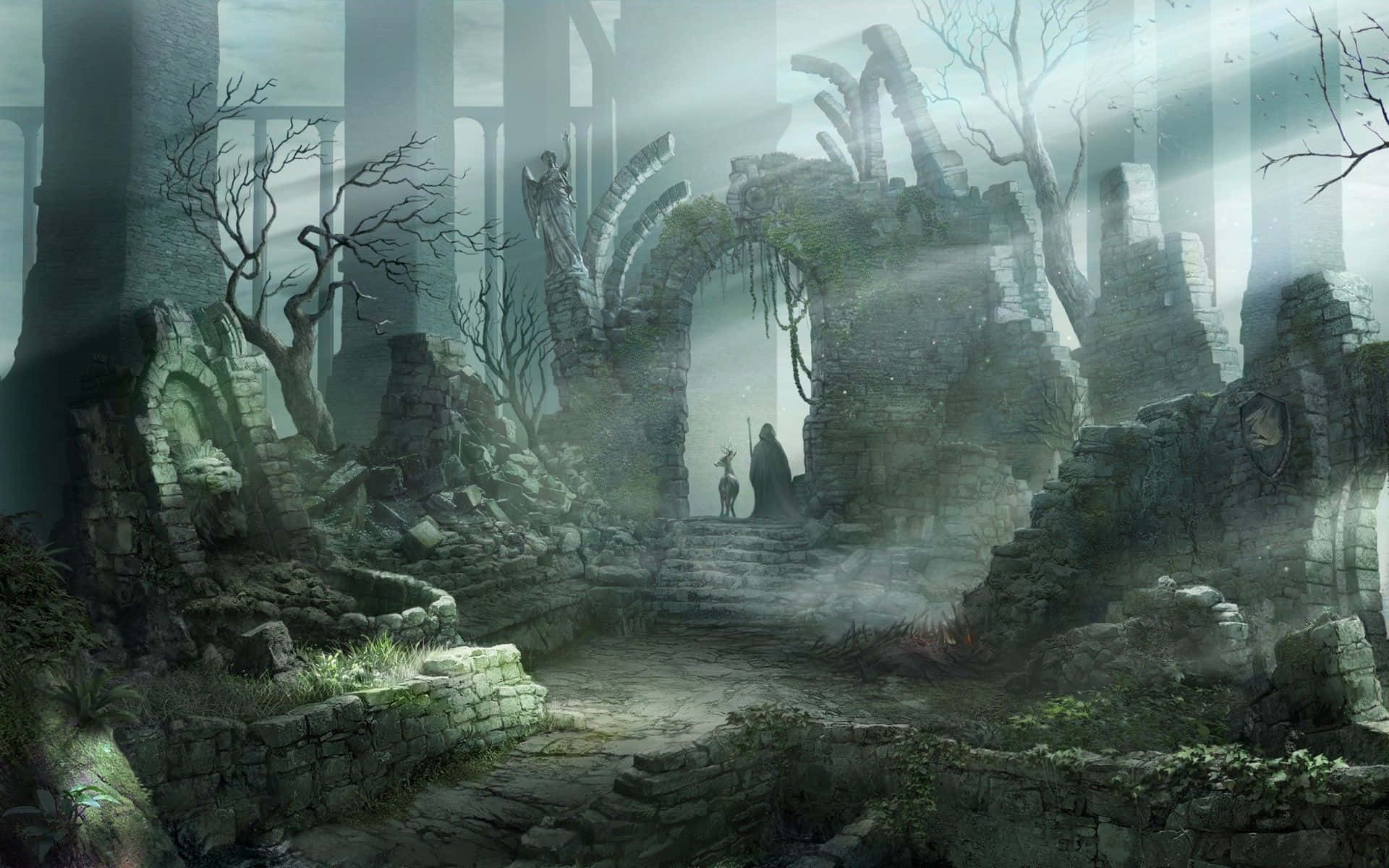 Download a fantasy scene with a ruined castle and trees