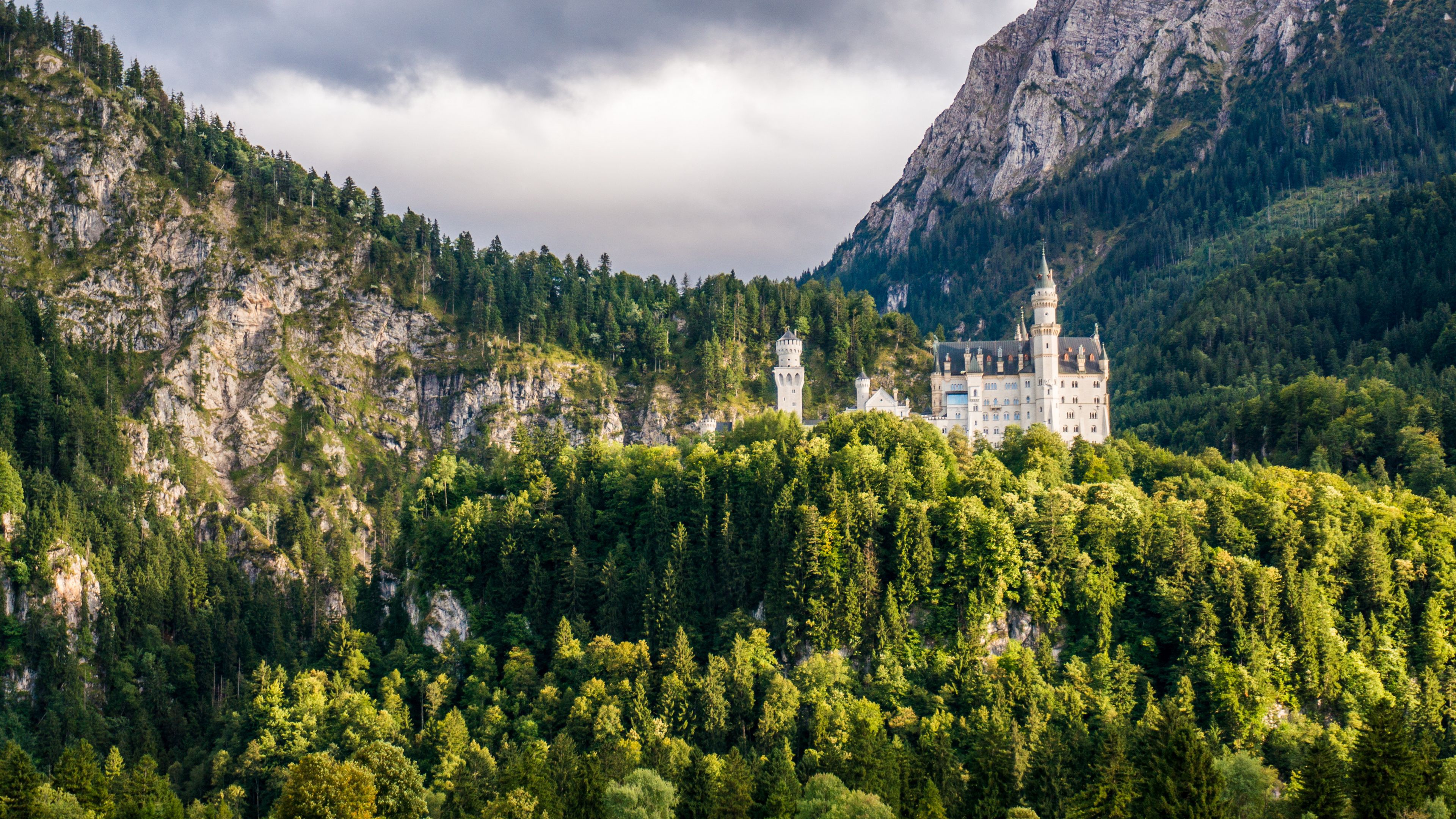 Landscape View Of Castle Trees Bushes Forest Slope Mountains Sky Background 4K HD Nature Wallpaper