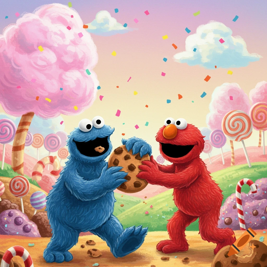 Elmo and Cookie Monster Cartoon With Red and Blue Background created on Craiyon