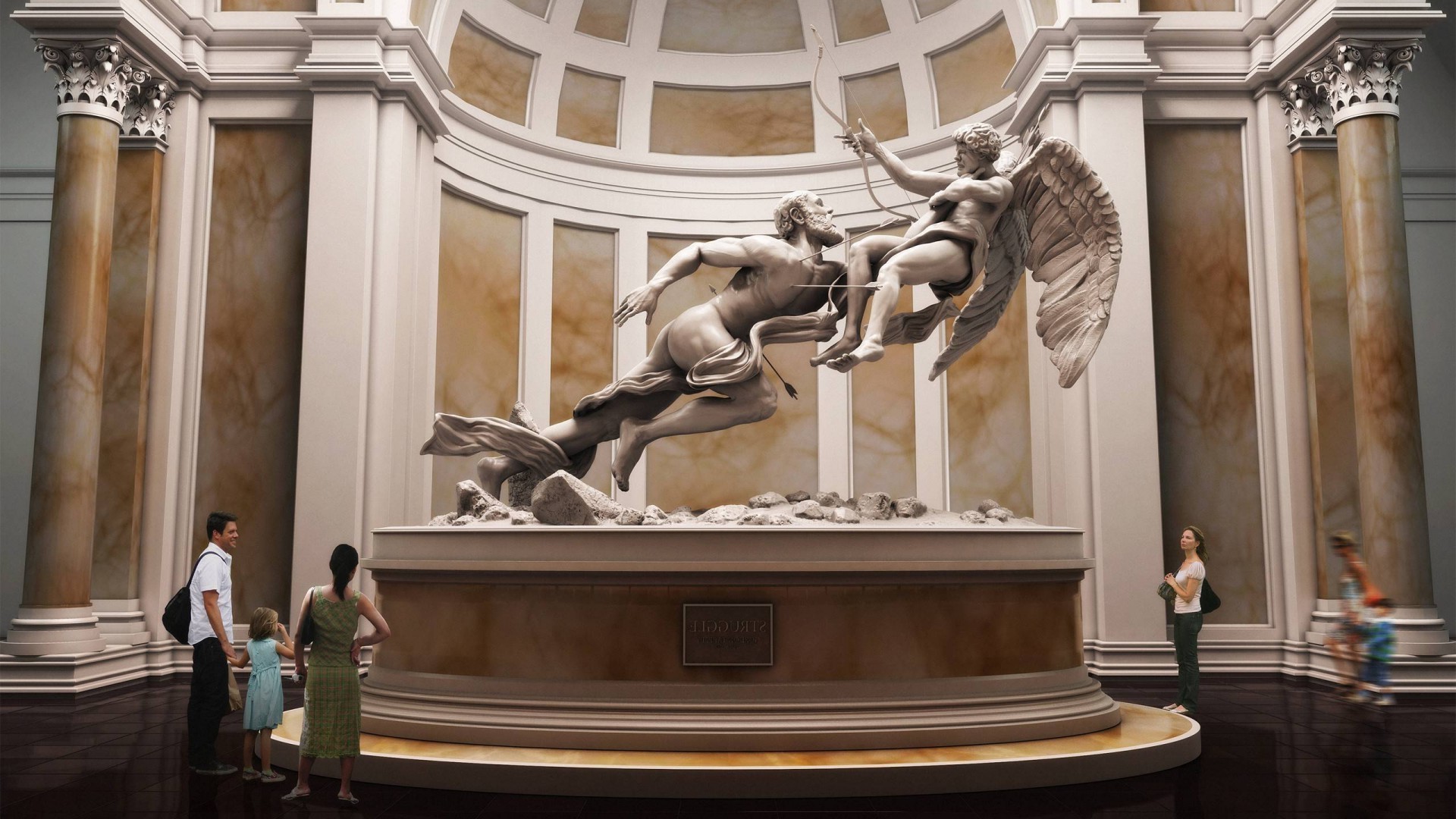 A family looks at an antique sculpture