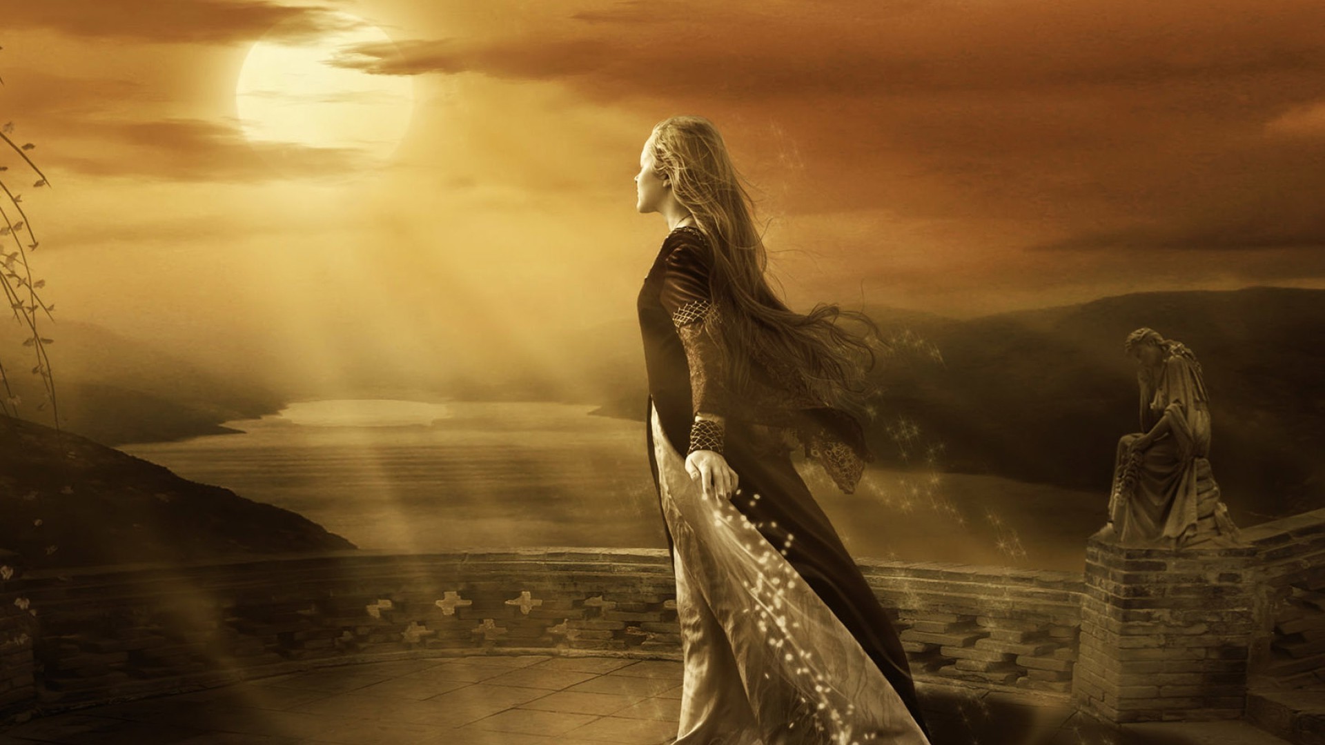 A beautiful woman stands like a statue in the sunset light
