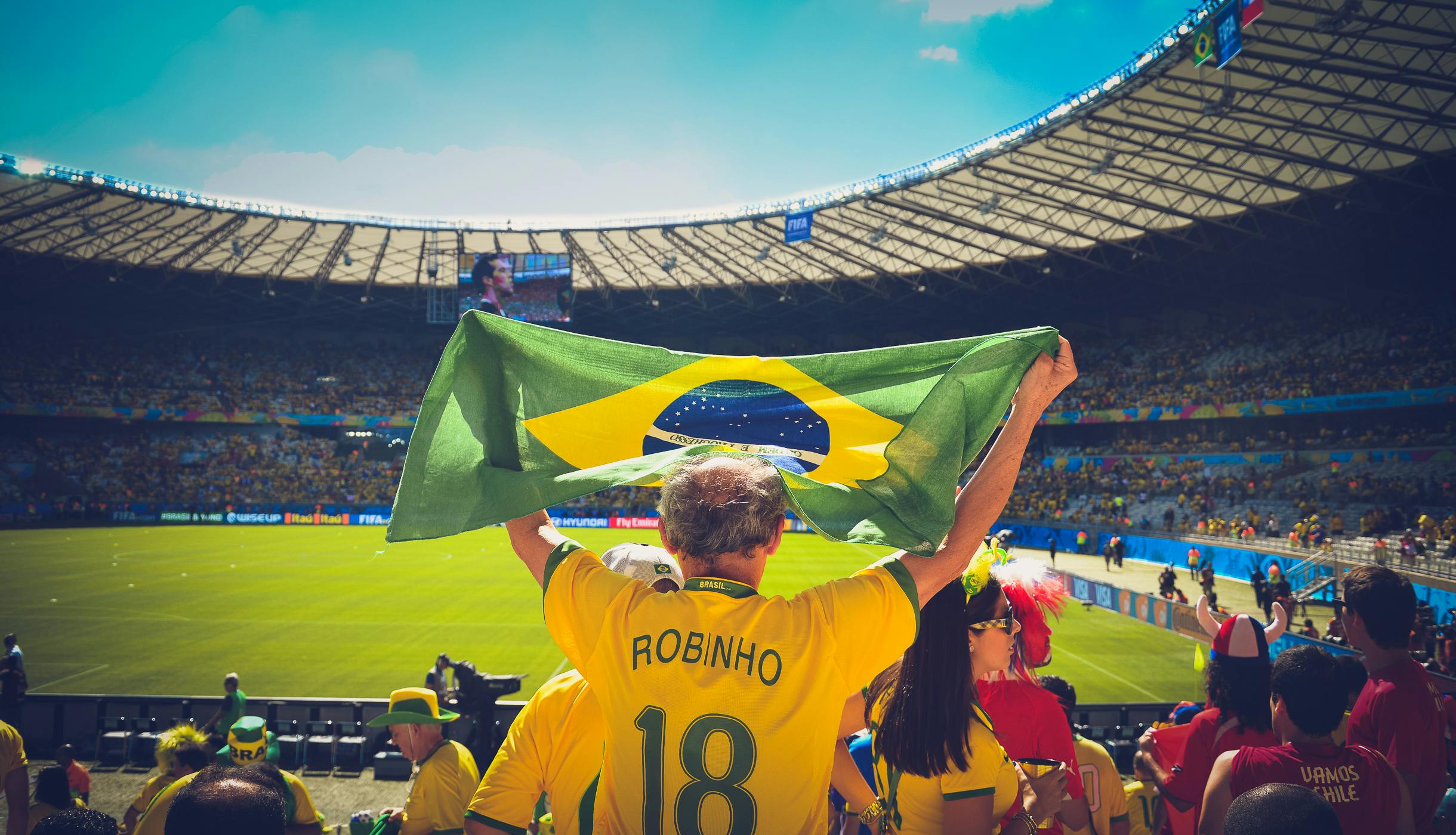 Man Raising Brazil Flag Inside Football Stadium · Free