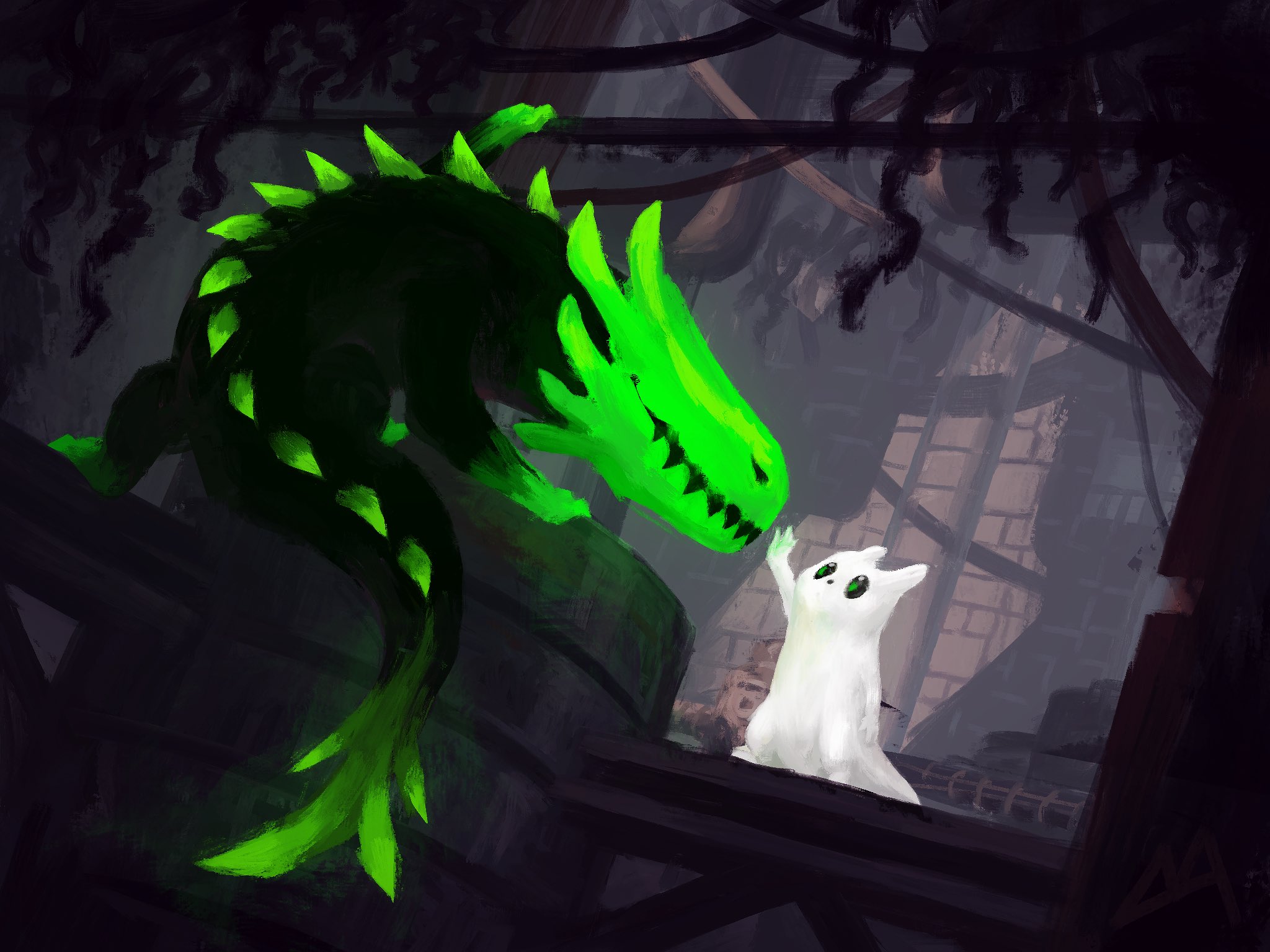 James B Barrow - #rwartmonth Day 11: Taming The slugcat has tamed a green lizard in today's #rainworld art piece. #fanart