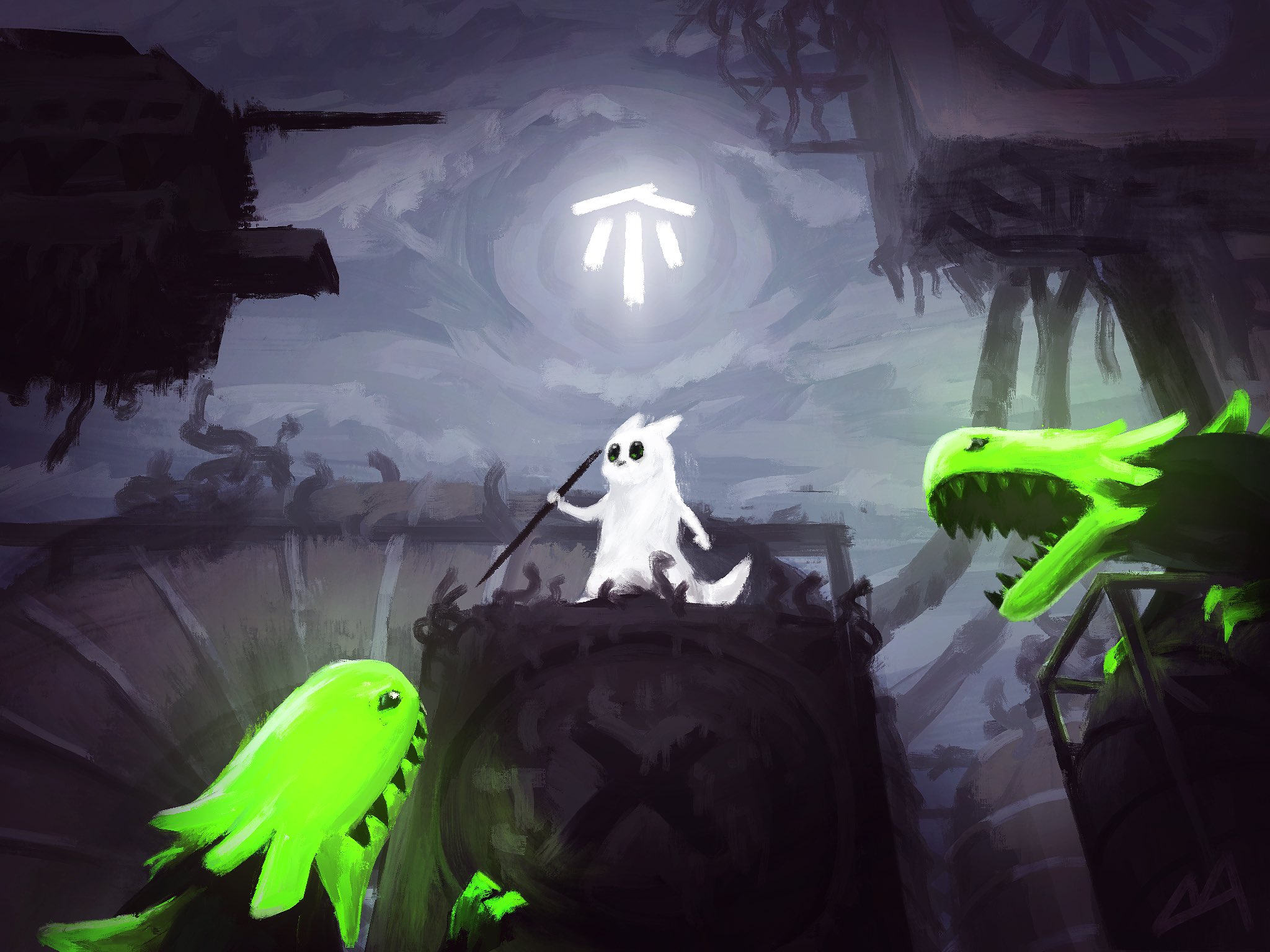 James B Barrow - #rwartmonth Day 25: Achievement: The Survivor Despite harsh landscapes, hungry predators, and deadly rain, the slugcat survives. Today's #rainworld art piece. #fanart