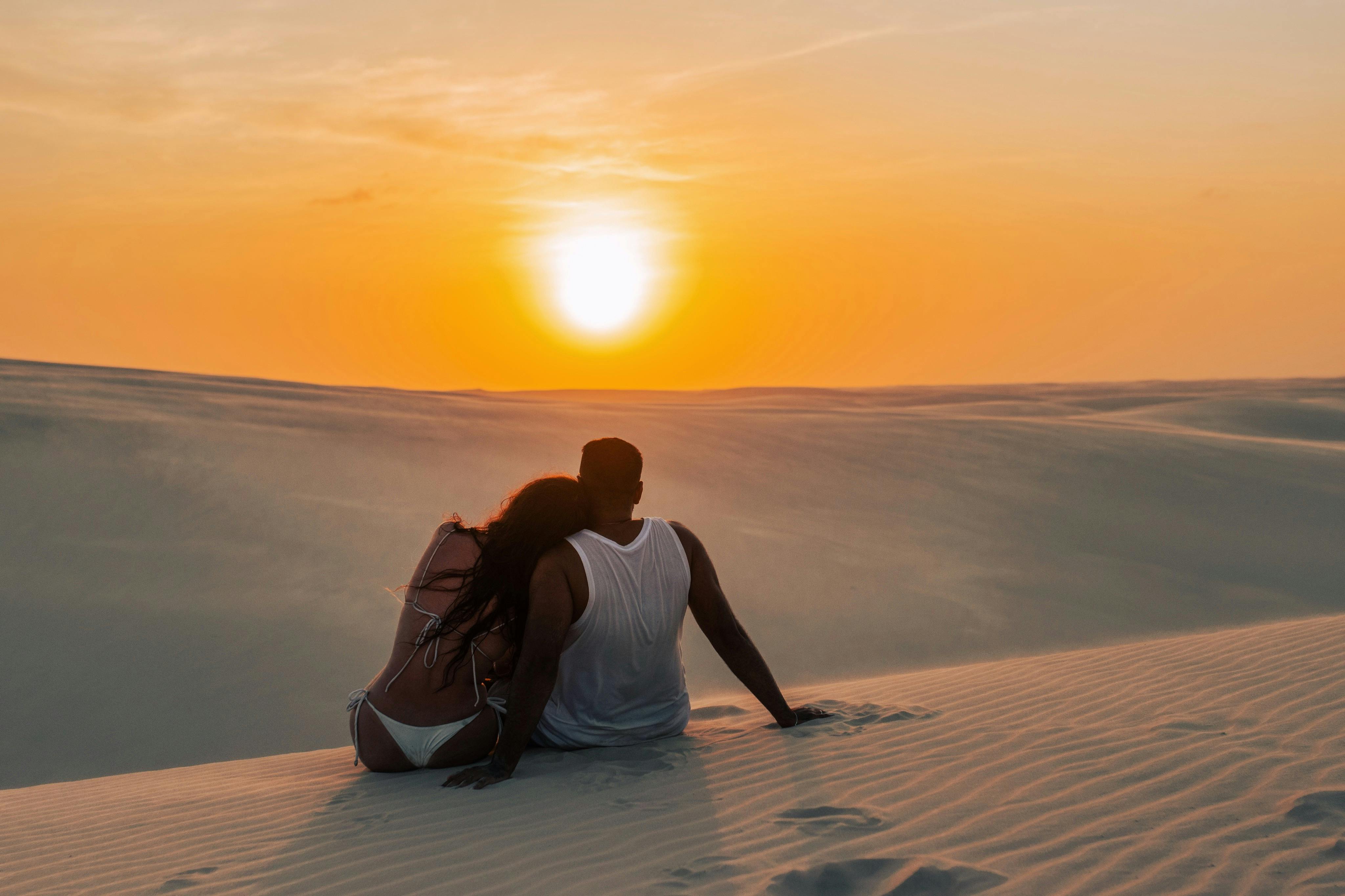 Back View of a Couple Sitting in a Desert at Sunset · Free