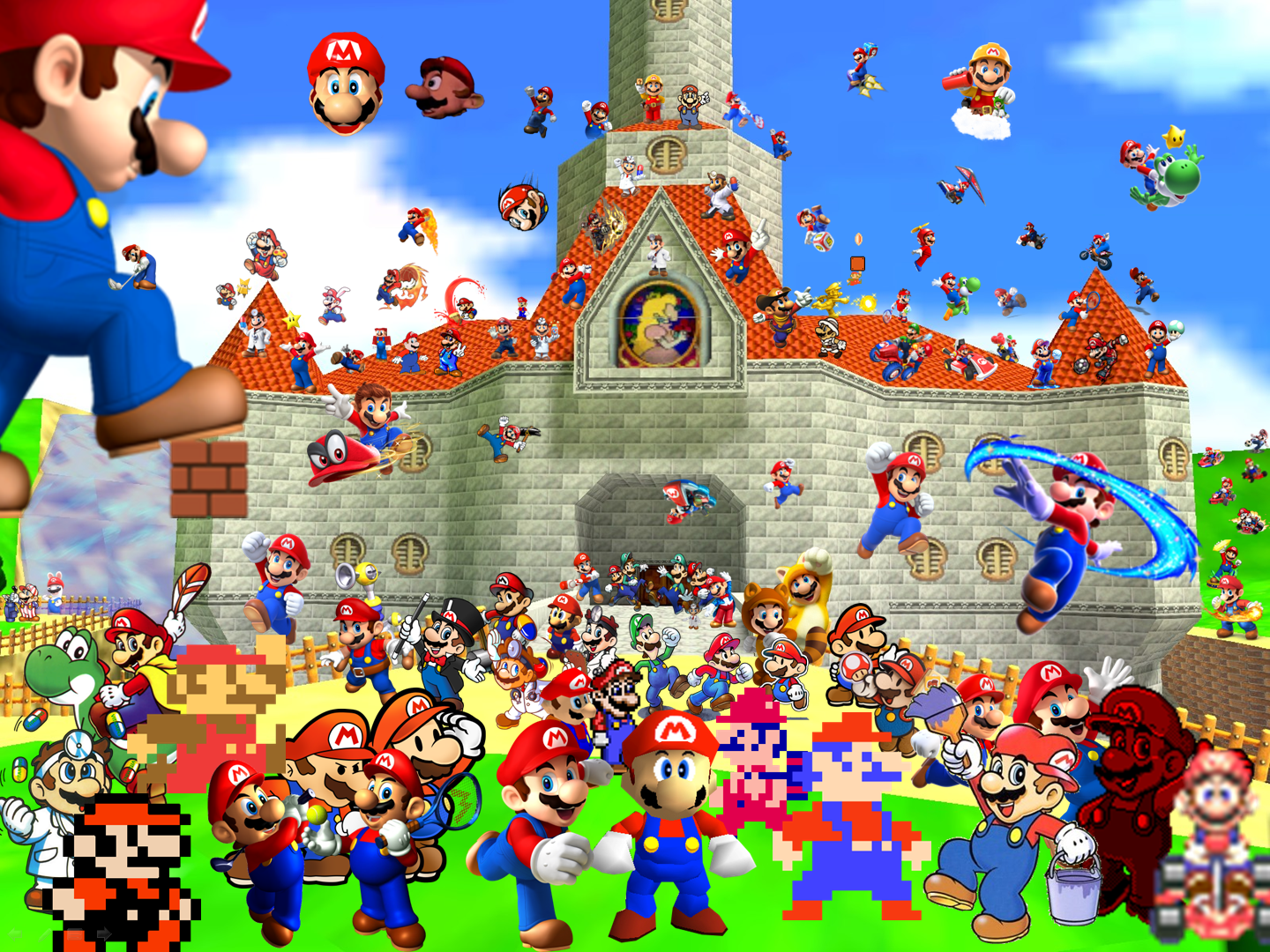 almost) Every official Mario render in one photo on Peach's Castle!