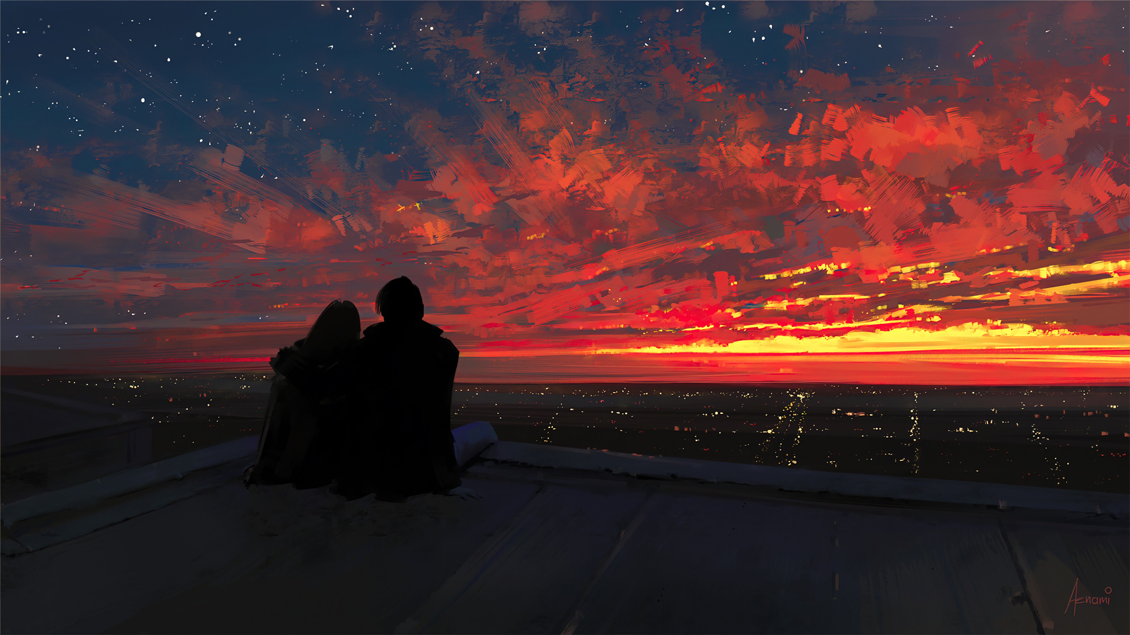 Couple silhouette watching sunset Aesthetic Wallpaper 4k for Desktop