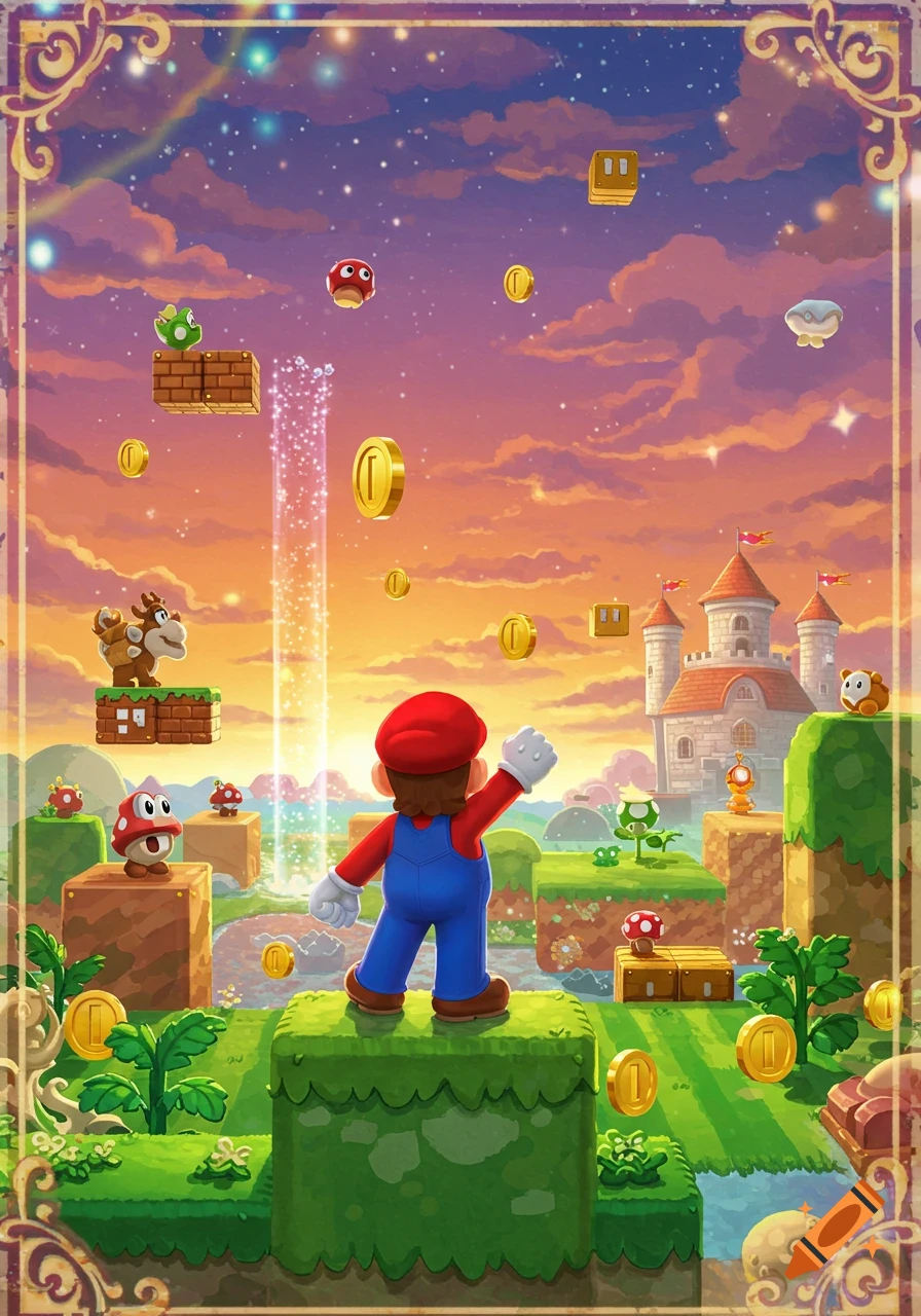 Mario stands on a green block, looking at a vibrant Super Mario Bros. landscape with a castle, coins, and enemies under a colorful sunset. on Craiyon