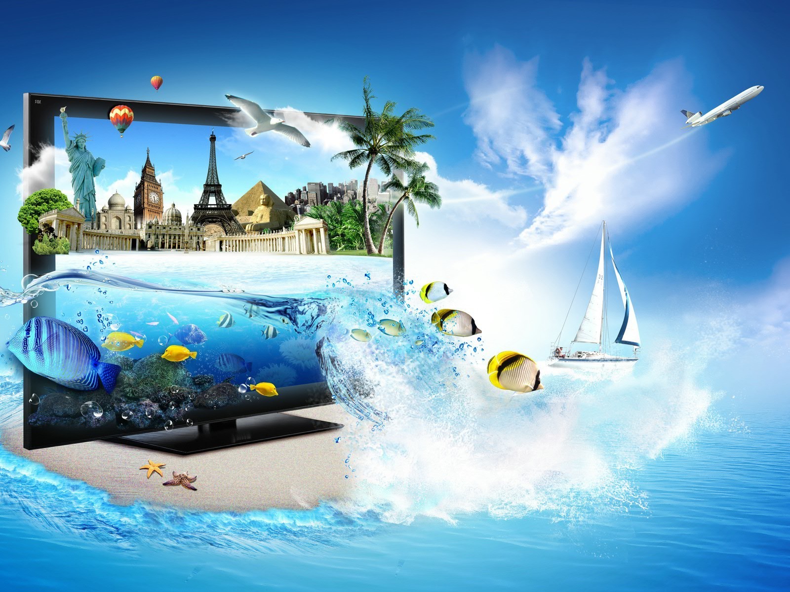 Travel collage on a blue background