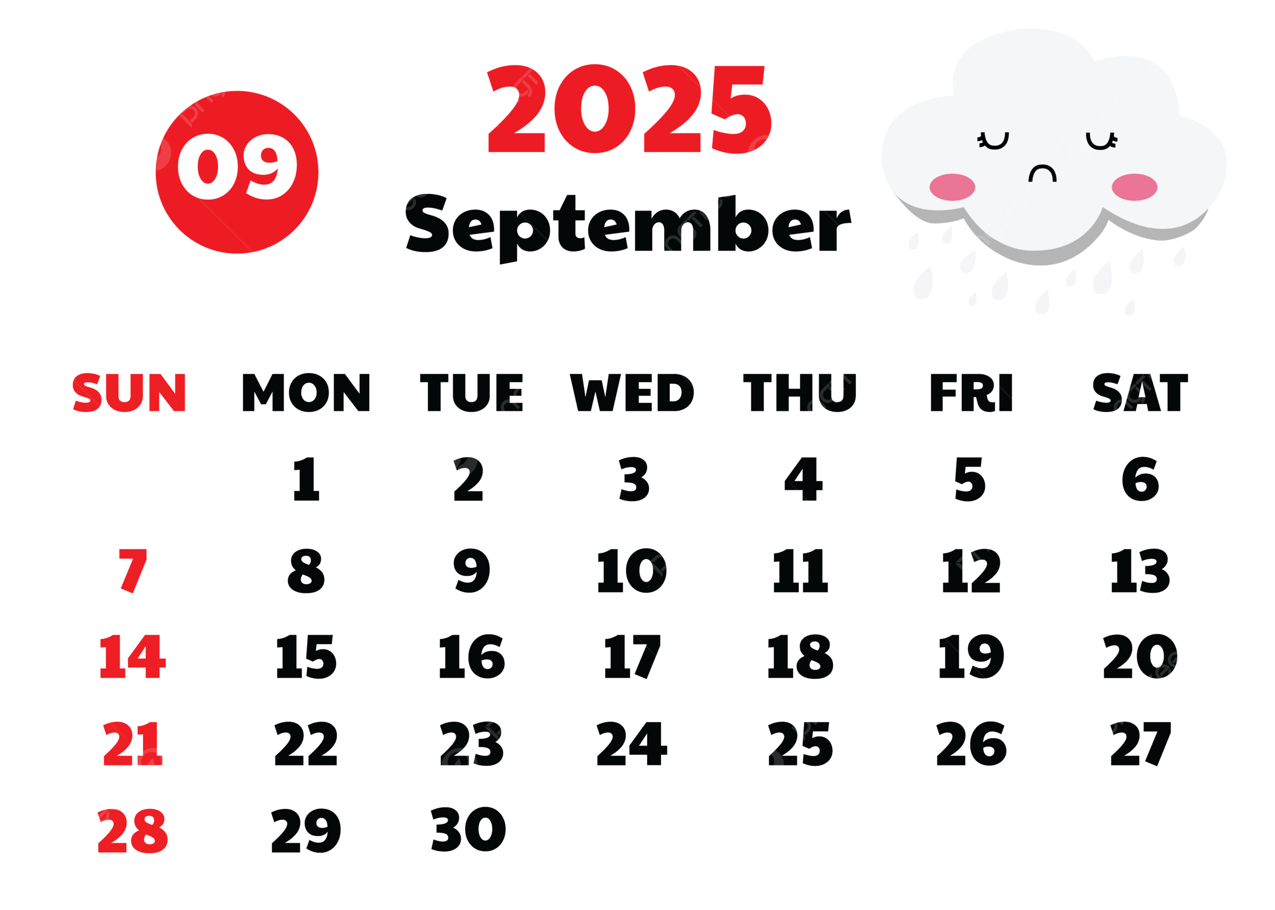 2025 September Calendar Transperent Cute Design Vector With Cartoon Cloud Rain Drops Brown Background, Cloud Clipart, Rain Clipart, Cute Clipart PNG and Vector with Transparent Background for Free Download