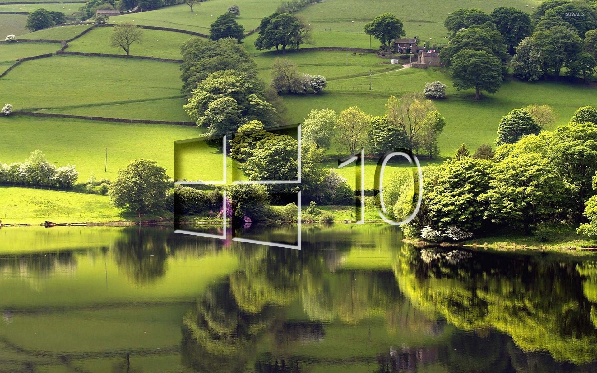 Windows 10 on the green meadow glass logo wallpaper wallpaper