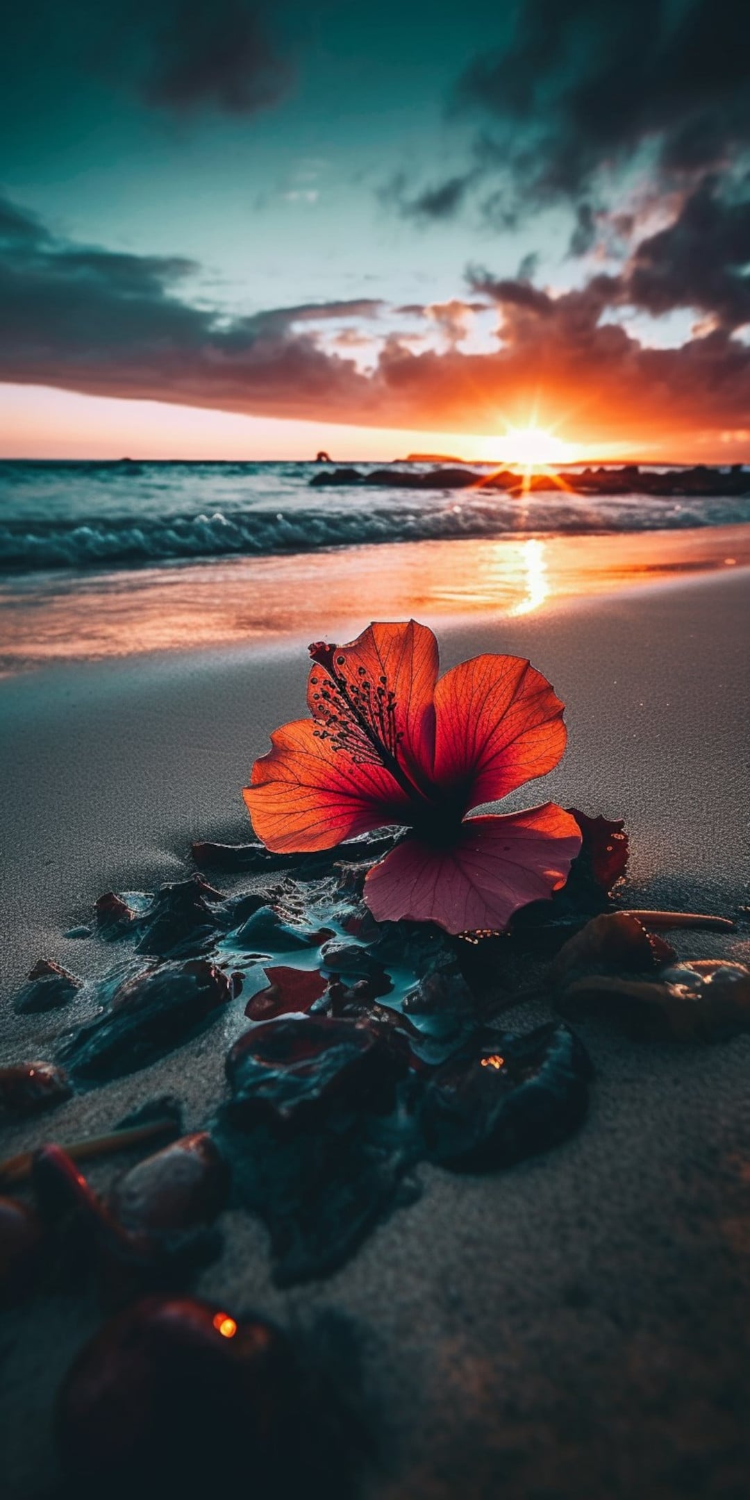 Flower, sunrise, sea [9:20] [1080x2160]
