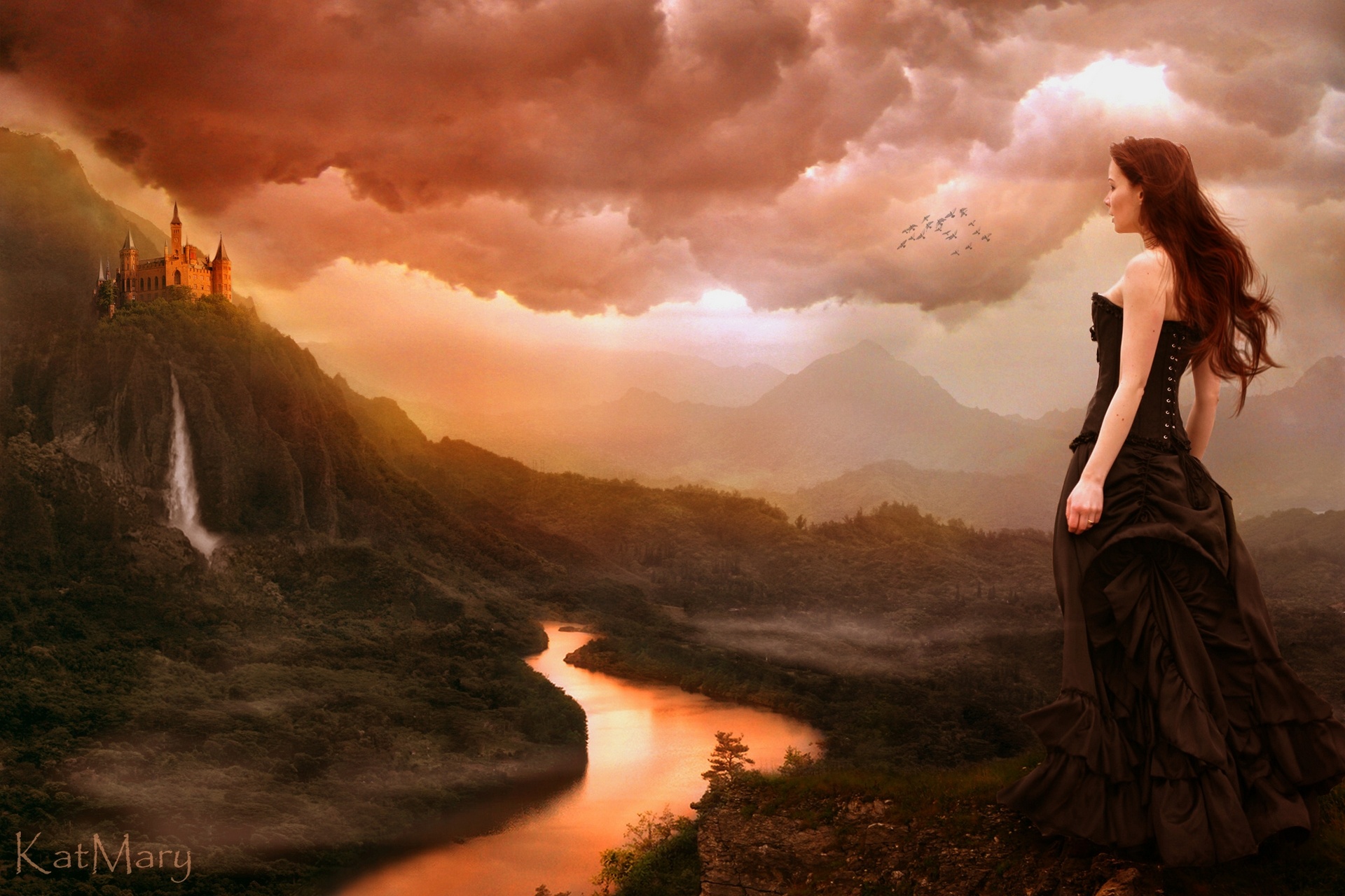 girl, Castle, Waterfall, River, Landscape, Mountains, Clouds, Birds, Gothic, Goth loli, Mood, Fantasy, Women, Redhead Wallpaper HD / Desktop and Mobile Background