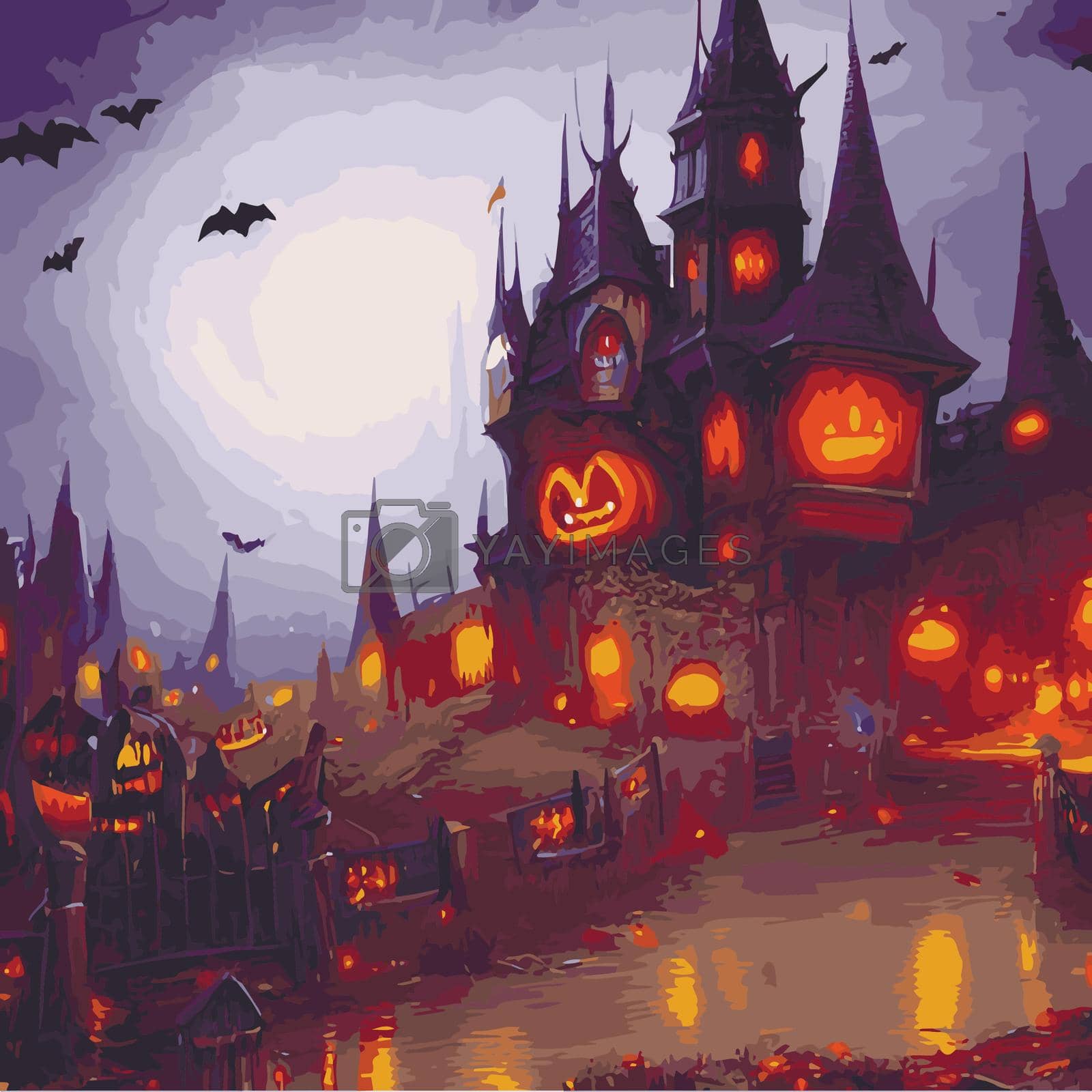 Halloween poster background. Foggy landscape with bats, big moon, pumpkins, trees and a dark gothic castle by kasynets_olena Vectors & Illustrations with Unlimited Downloads