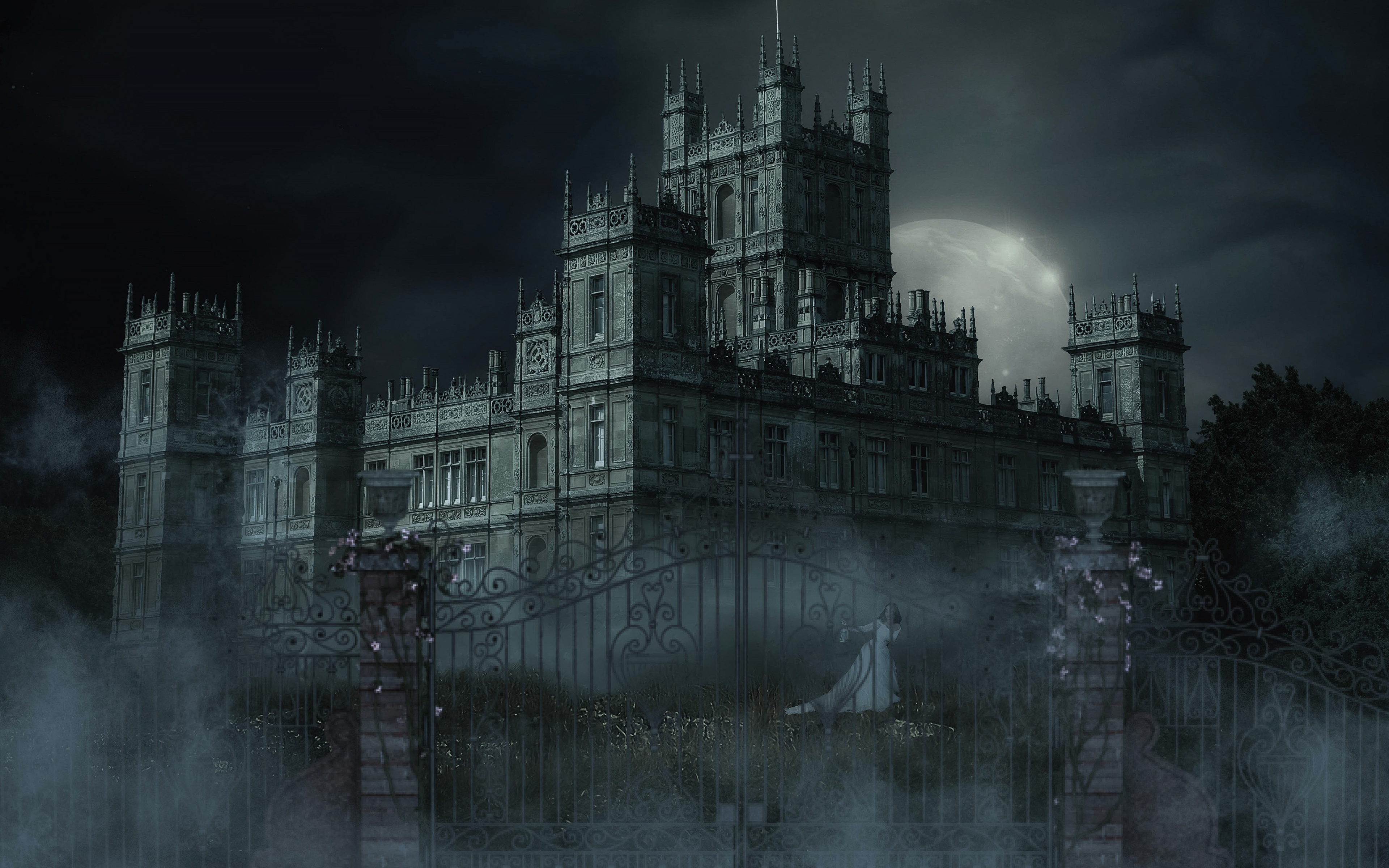 Wallpaper the sky, girl, light, trees, night, old, pose, fog for mobile and desktop, section фантастика, resolution 3840x2400