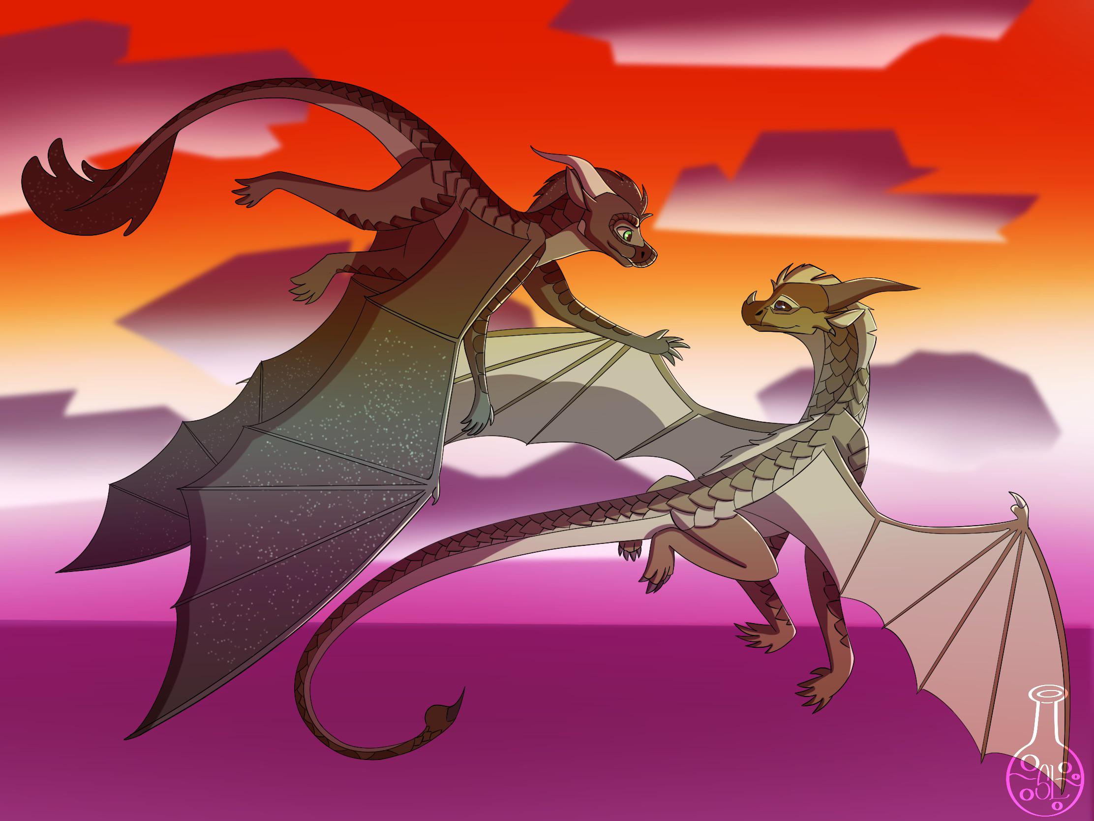 A drawing I did of me and my crush as dragons (SandWing is me)