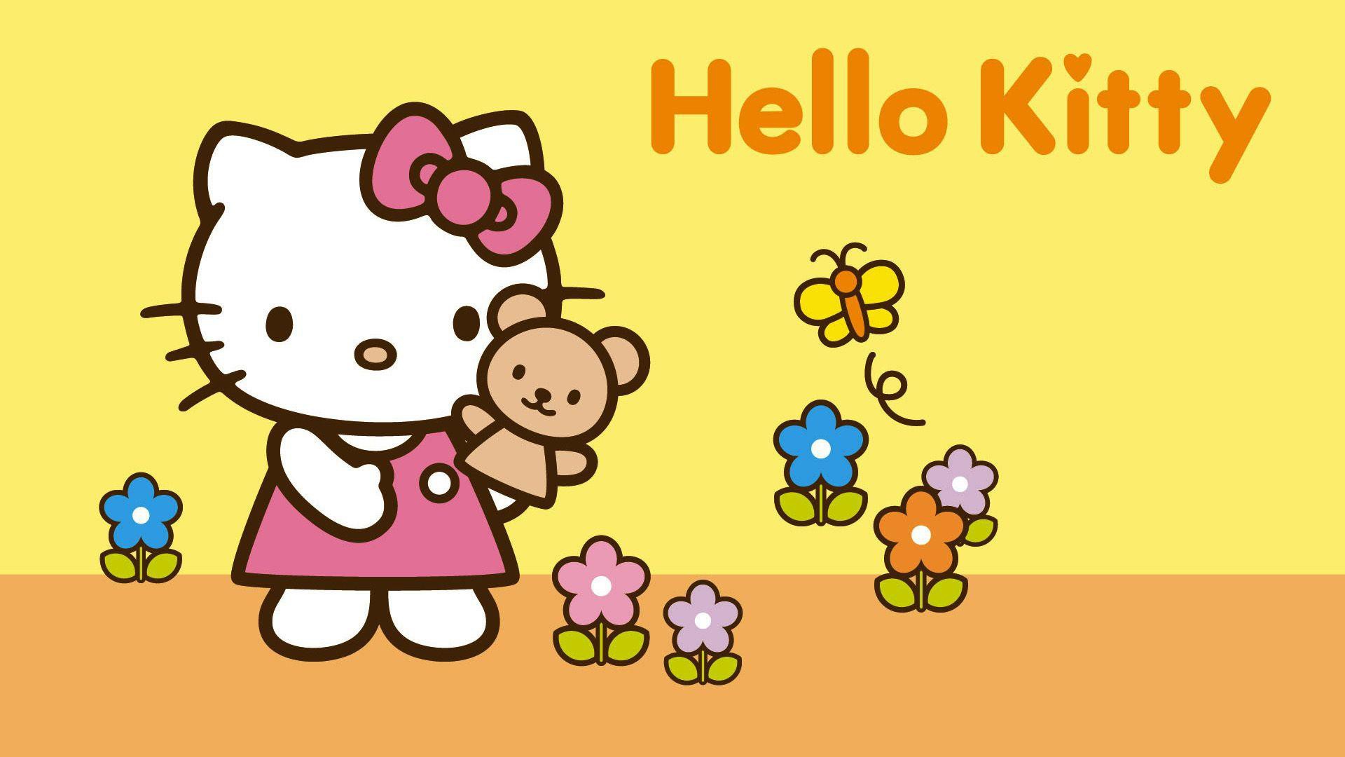 Hello Kitty With Teddy Toy And Flowers In Yellow Background HD Hello Kitty Wallpaper