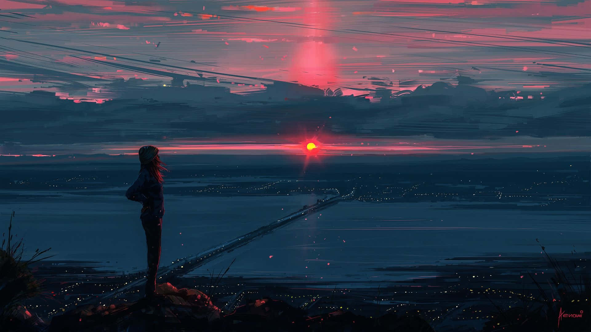 Download Anime Girl Overlooking Sunset City from Cliff Wallpaper
