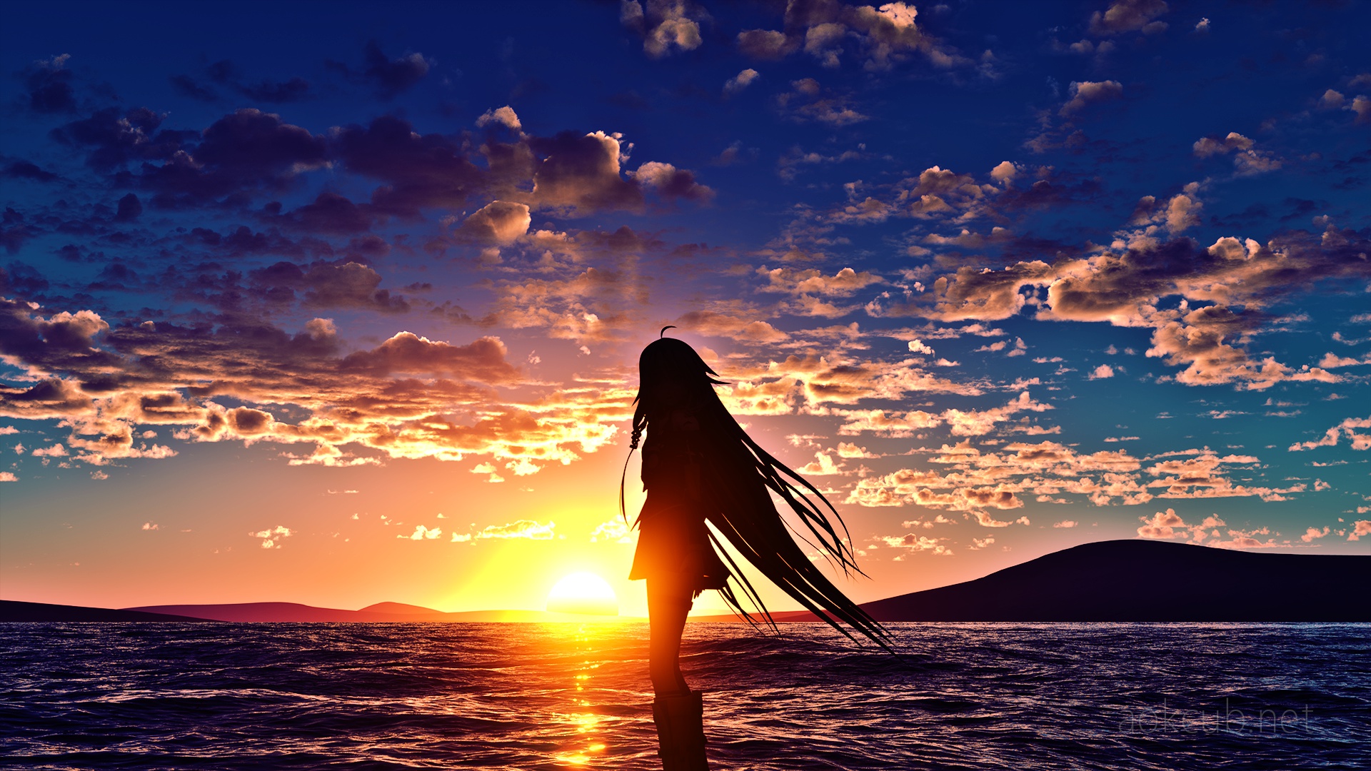 Wallpaper sea, girl, sunset, silhouette, Vocaloid, Ya for mobile and desktop, section арт, resolution 1920x1080