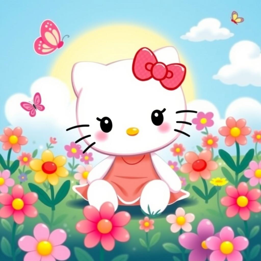 Charming Hello Kitty in a Vibrant Garden
