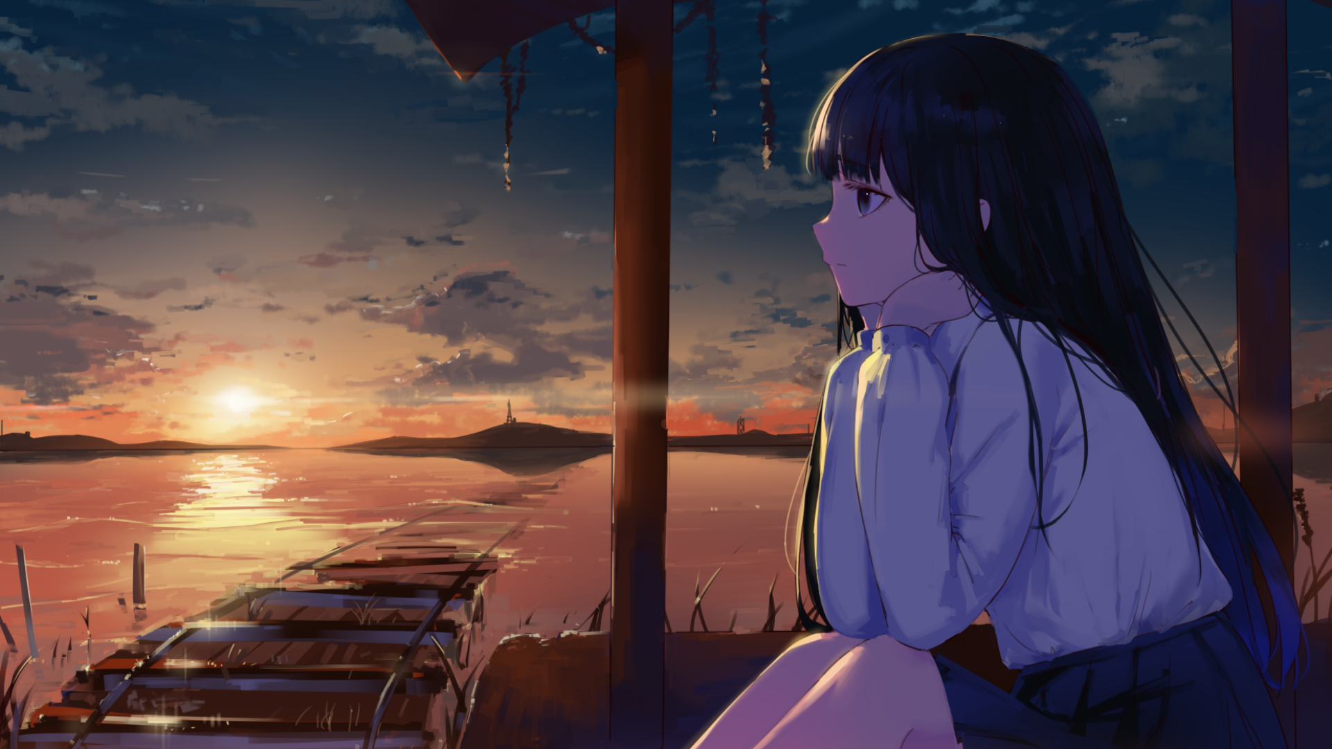 Sunset Reverie: Anime Girl in Tranquil HD Glow