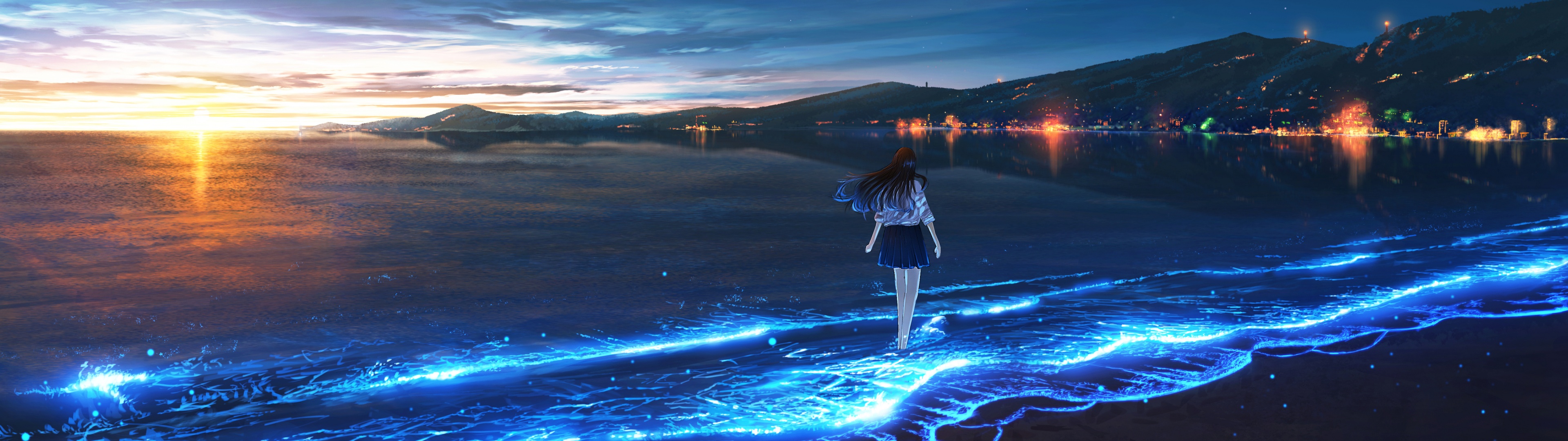 Bioluminescence Wallpaper 4K, Anime girl, Alone, Sunset, Beach