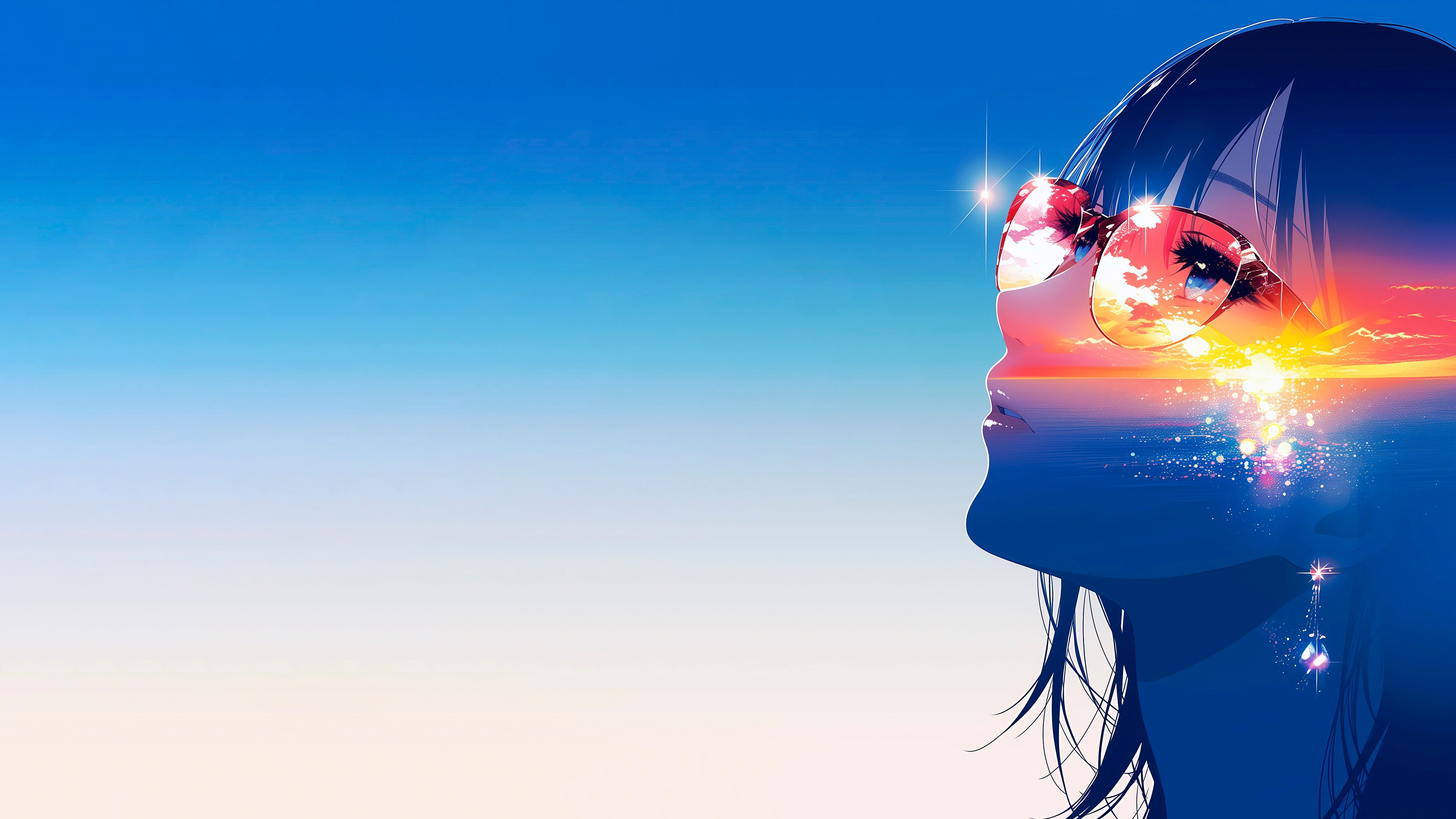 Wallpaper girl, summer, sea, sunset, blue, anime, glasses, vacation for mobile and desktop, section настроения, resolution 4610x2593
