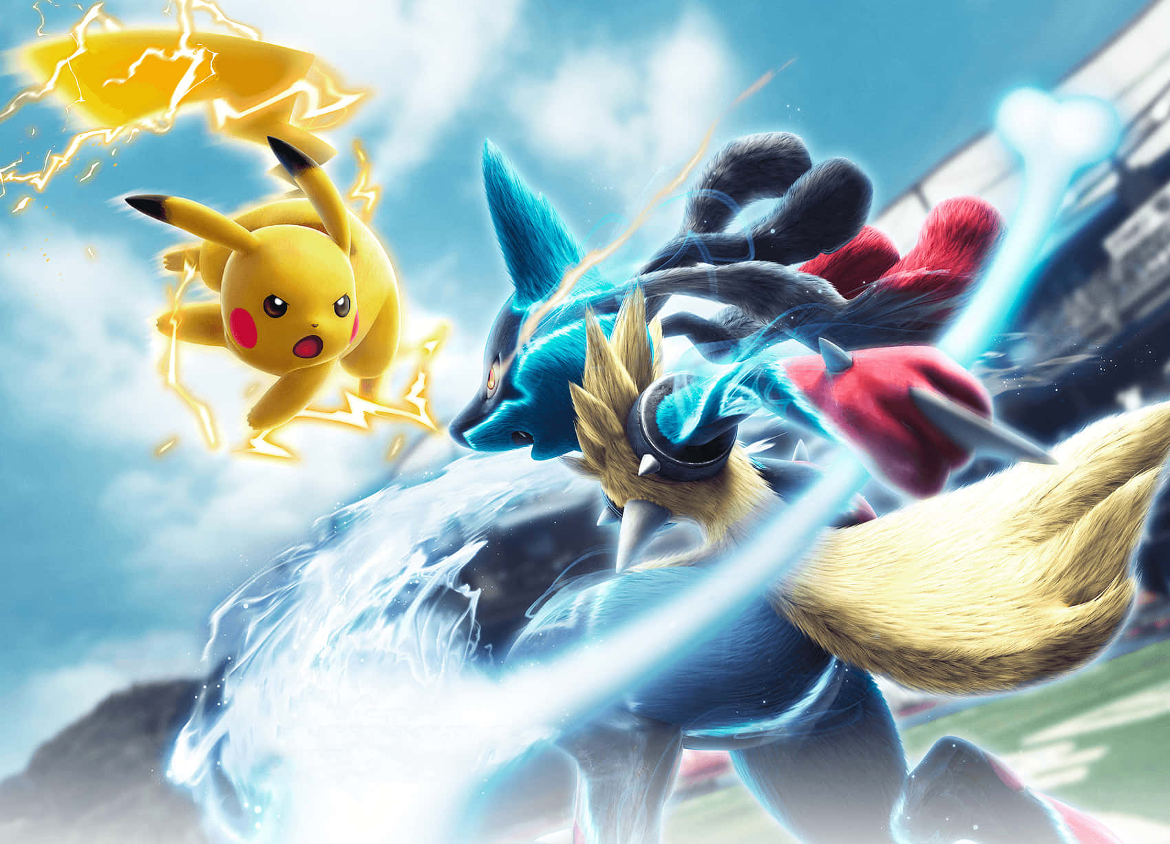 Download Pikachu And Lucario Pokemon Battle Background