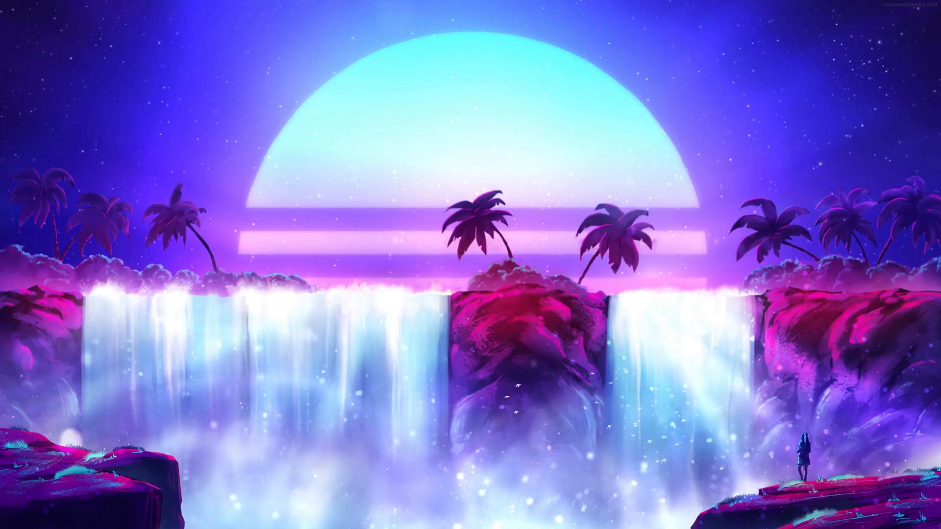 Synthwave Waterfall and Palm Live Wallpaper