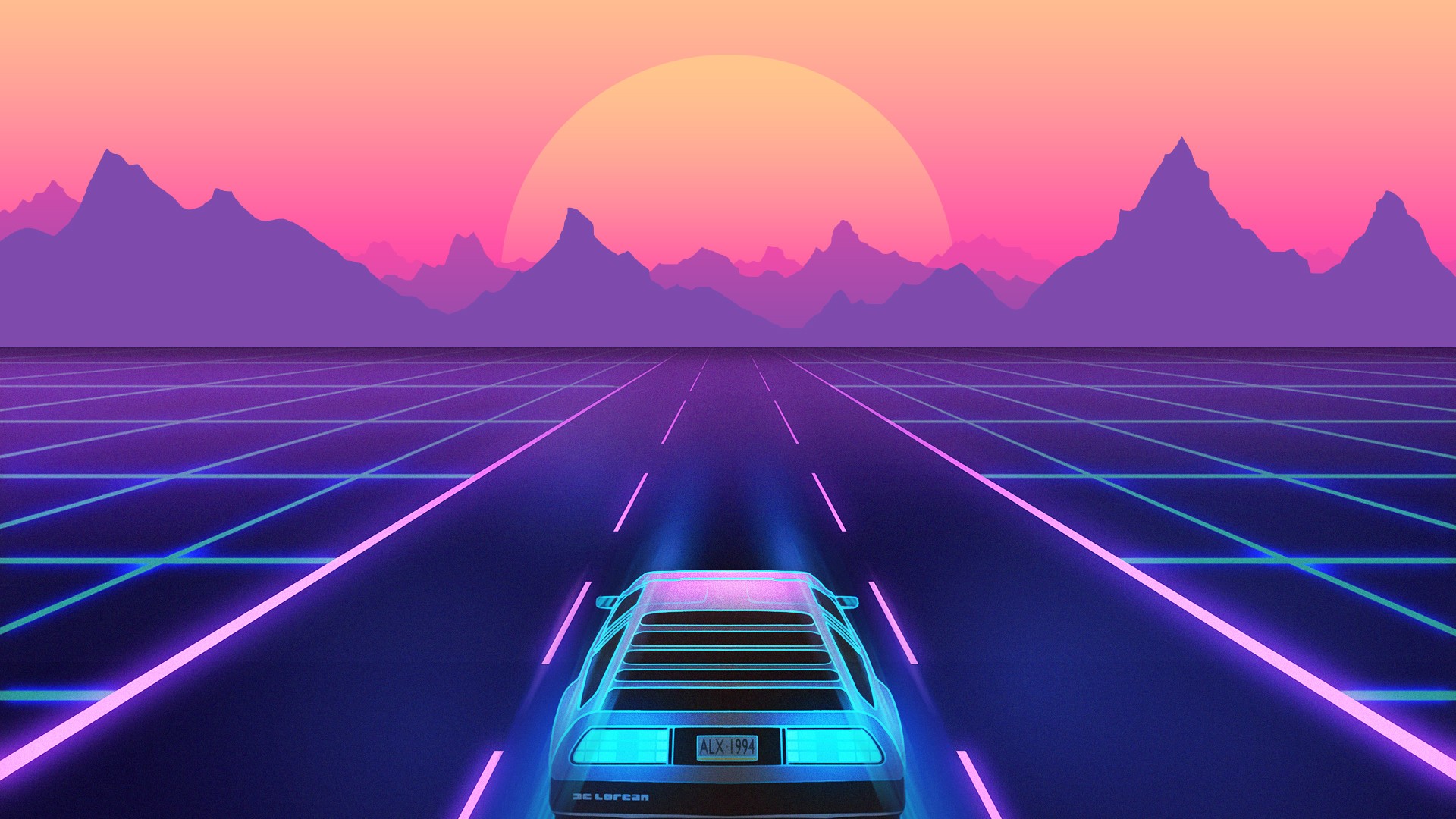 Retro Wave Neon DeLorean Car Sunset Artistic Synthwave HD Vaporwave Wallpaper