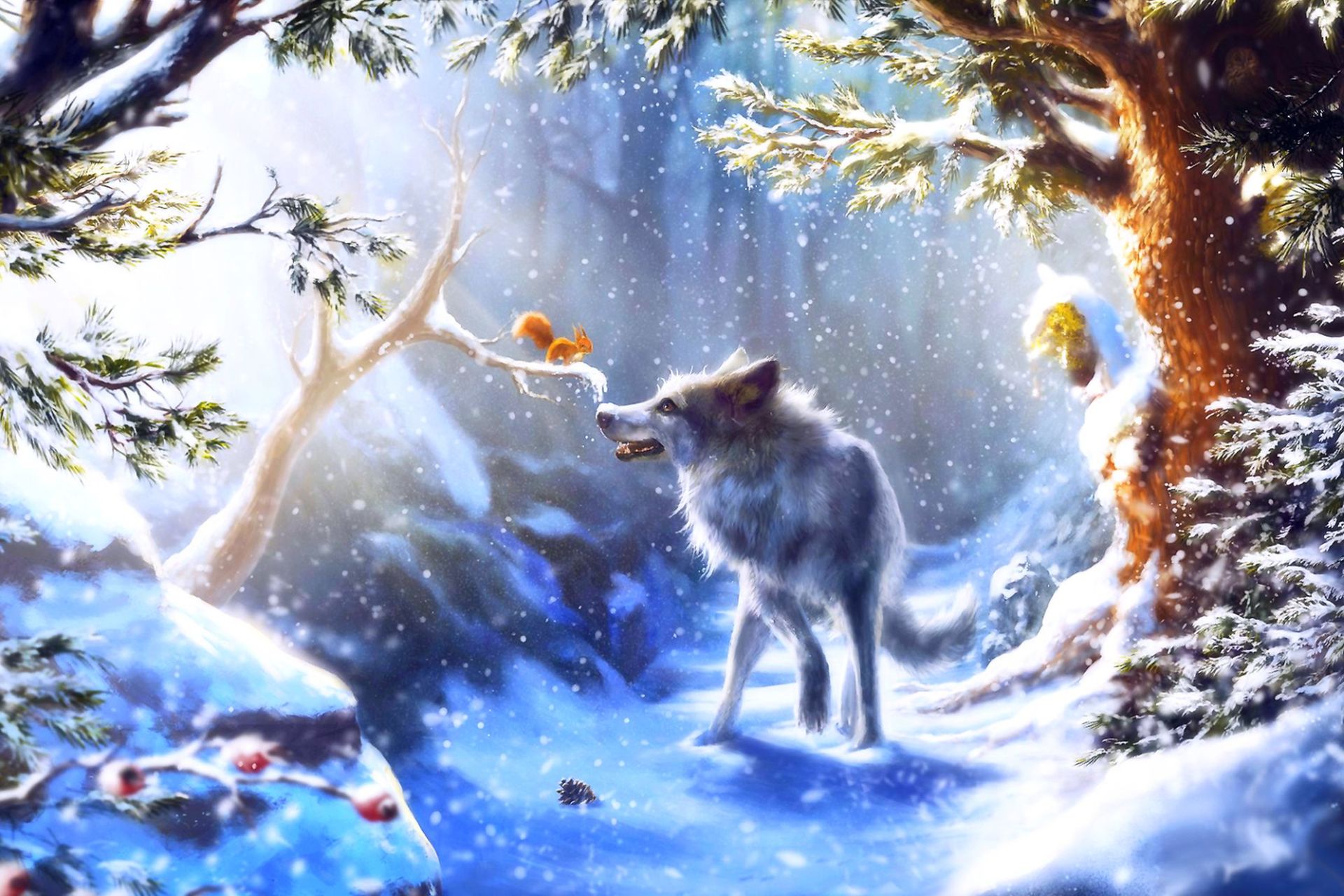 Winter Forest Harmony: Wolf and Squirrel HD Wallpaper