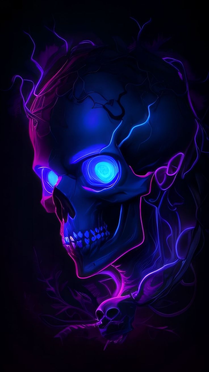 free wallpaper 4K skull, lightning, neon, blue, art for mobile and desktop