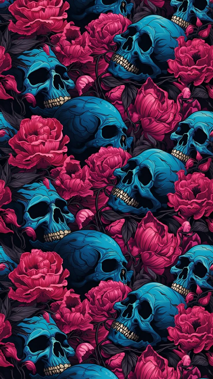 Neon Skull Wallpaper with Pink and Blue Roses