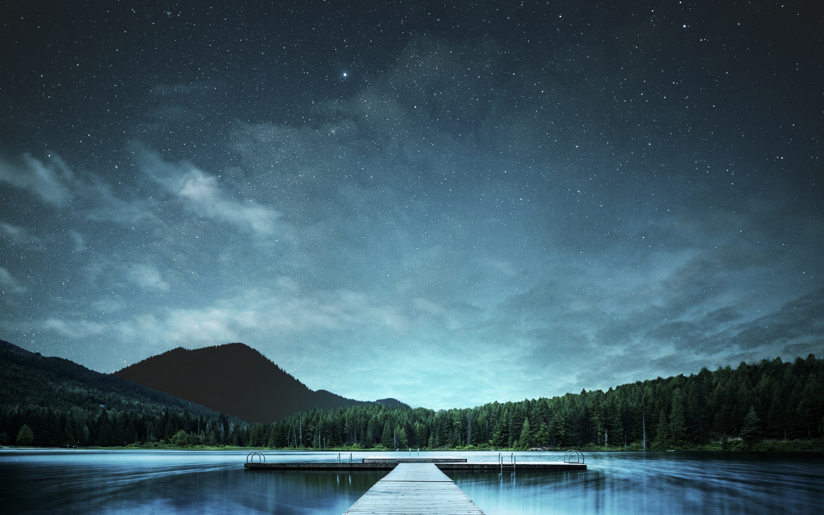 Jetty Wallpaper 4K, Lake, Night sky, Landscape, 5K
