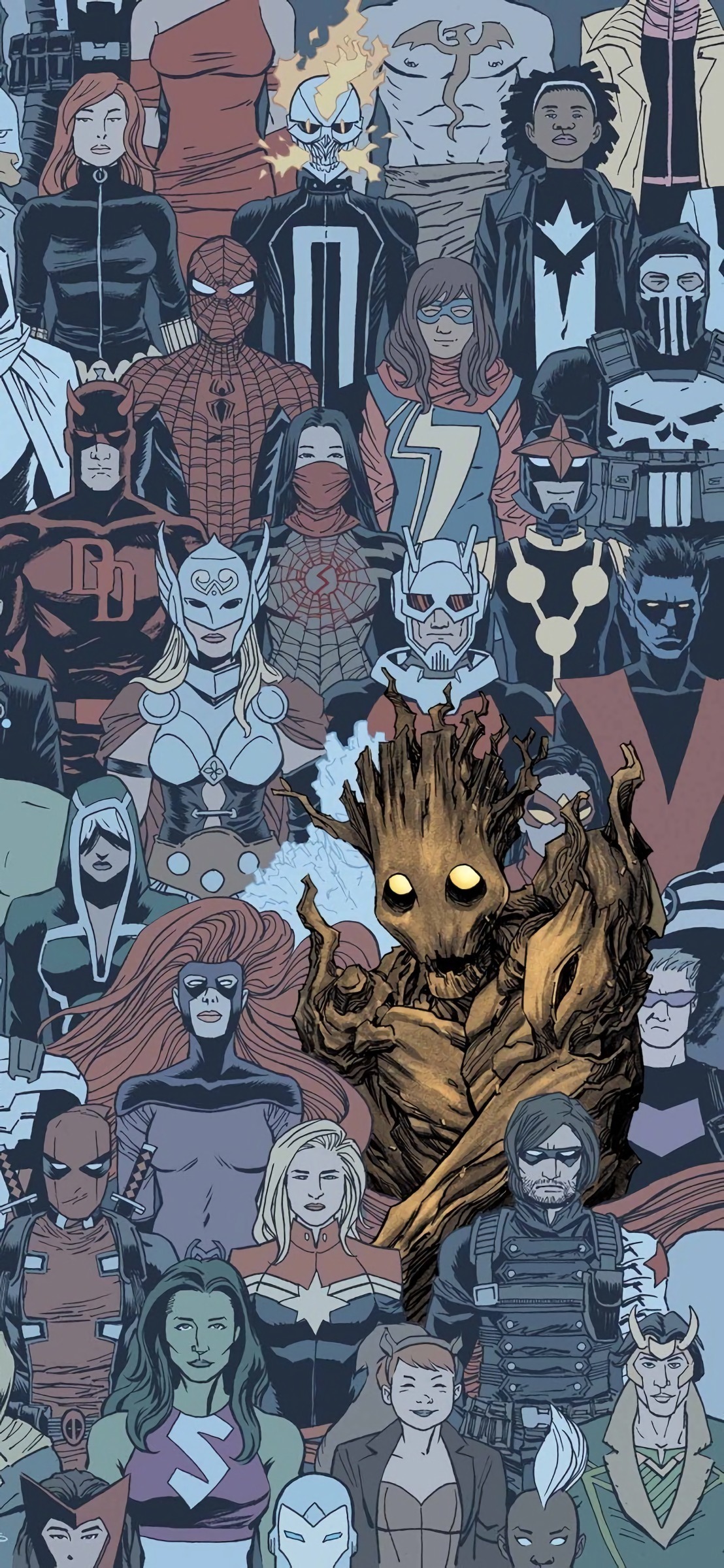 Groot and the Marvel Superheroes wallpaper [1108x2400]