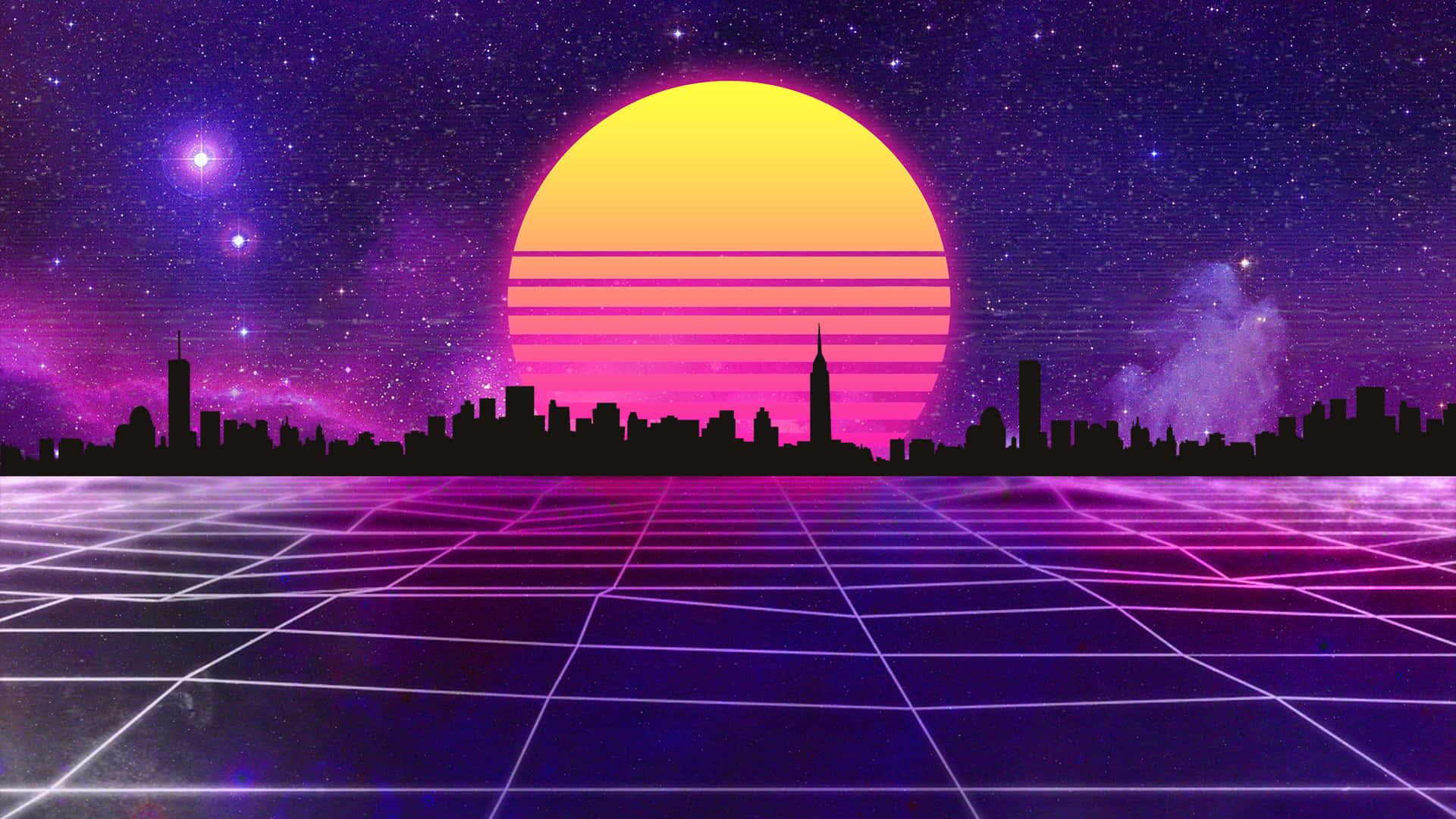 Download 80s Cityscape With A Sun Rising Behind It