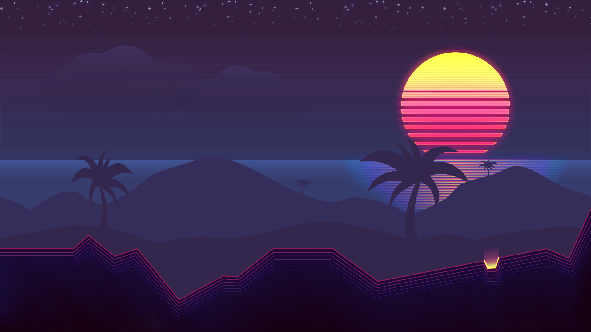 Wallpaper The sun, Music, Palm trees, Background, 80s, Neon, 80's, Synth for mobile and desktop, section рендеринг, resolution 1920x1080