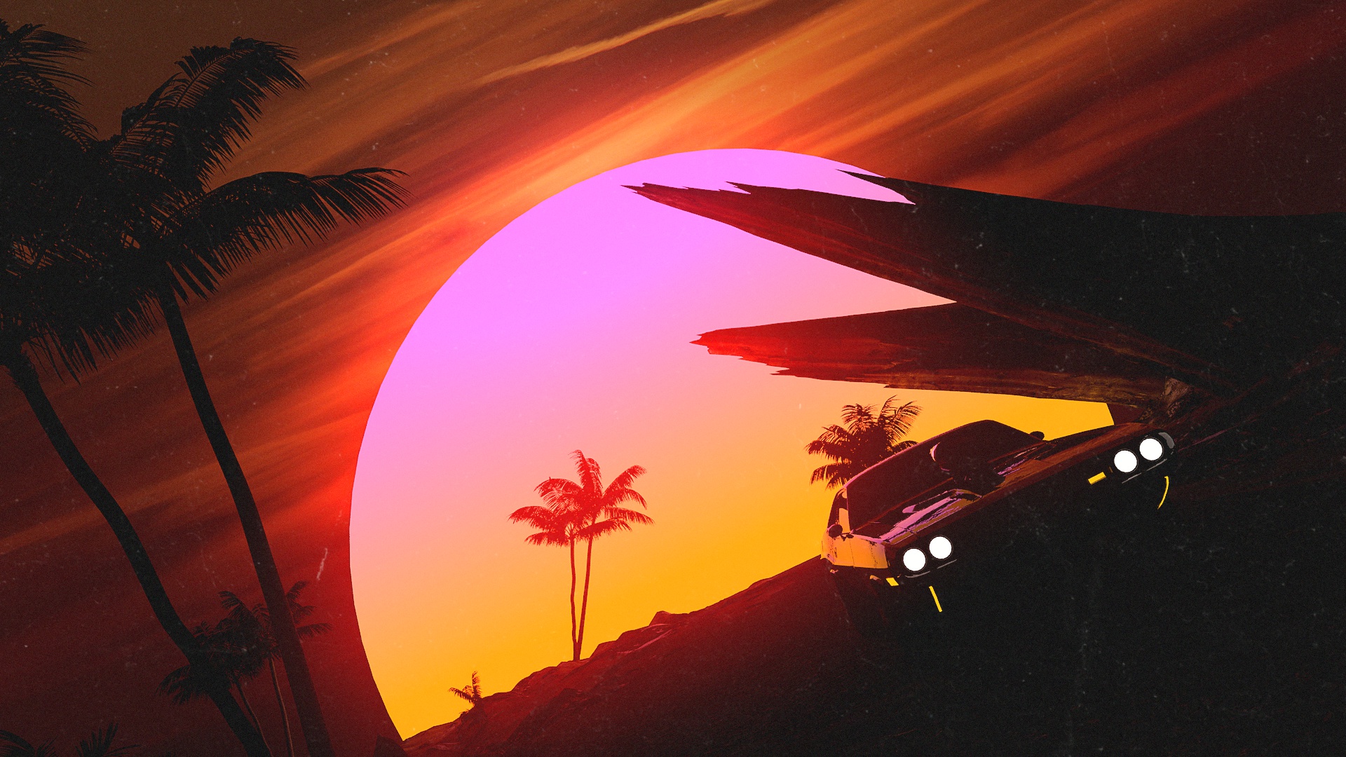Wallpaper Sunset, The sun, Auto, Music, Machine, Style, Palm trees, 80s for mobile and desktop, section рендеринг, resolution 1920x1080
