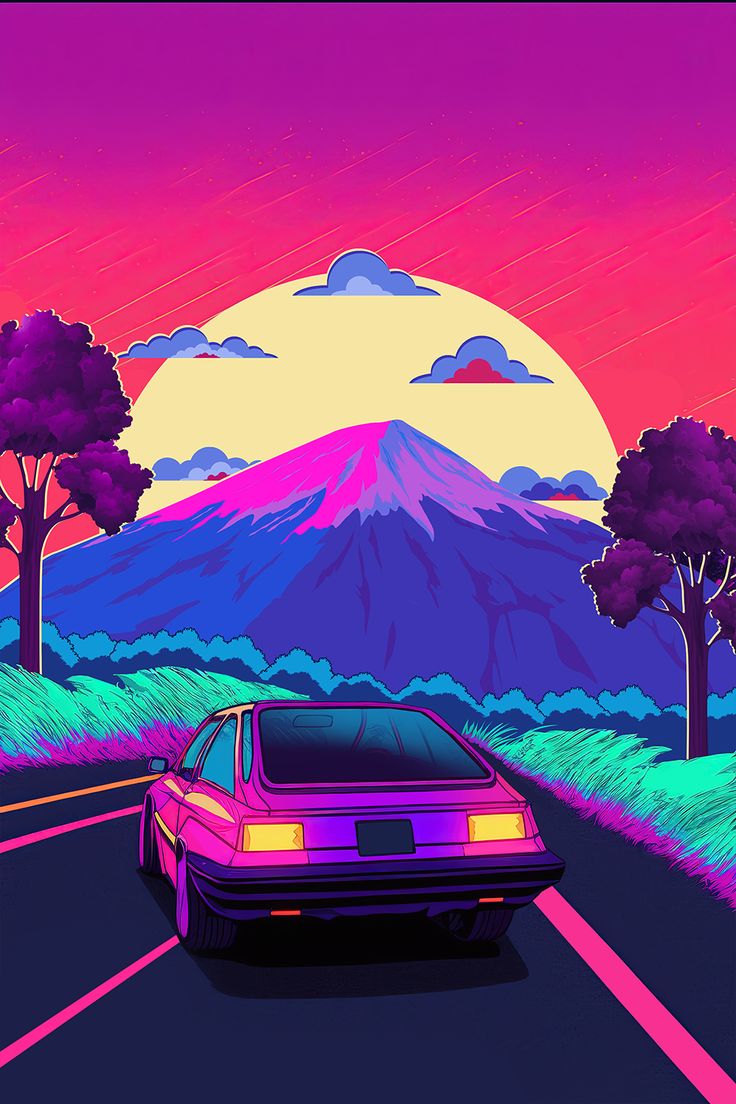 Neo Fauvism Vector Art: Car Chasing The Setting Sun Towards Mount Fuji
