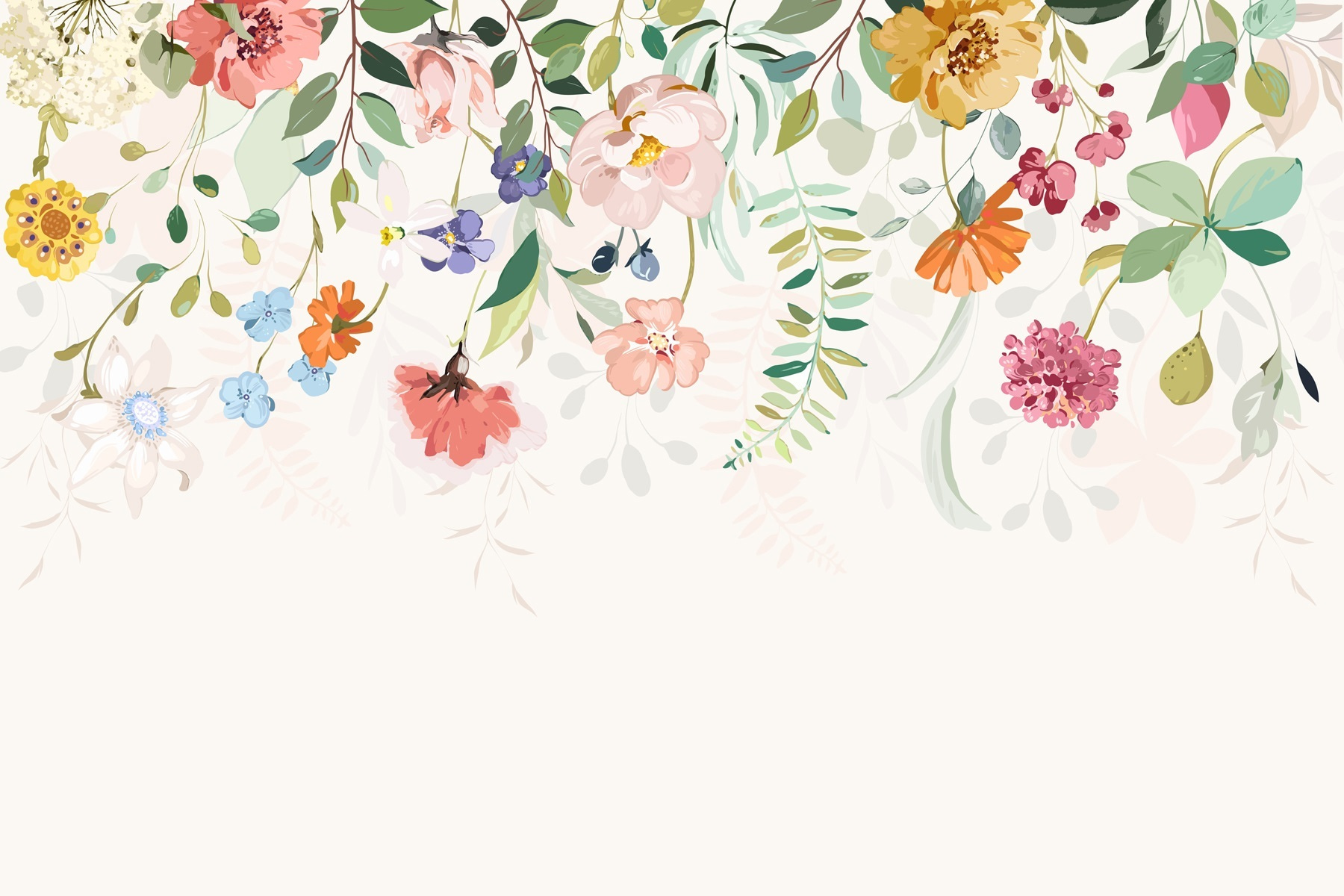 Wall Mural Bright Colorful Flowers and Leaves On Top, Wallpaper Unique, w02201, Uwalls.com