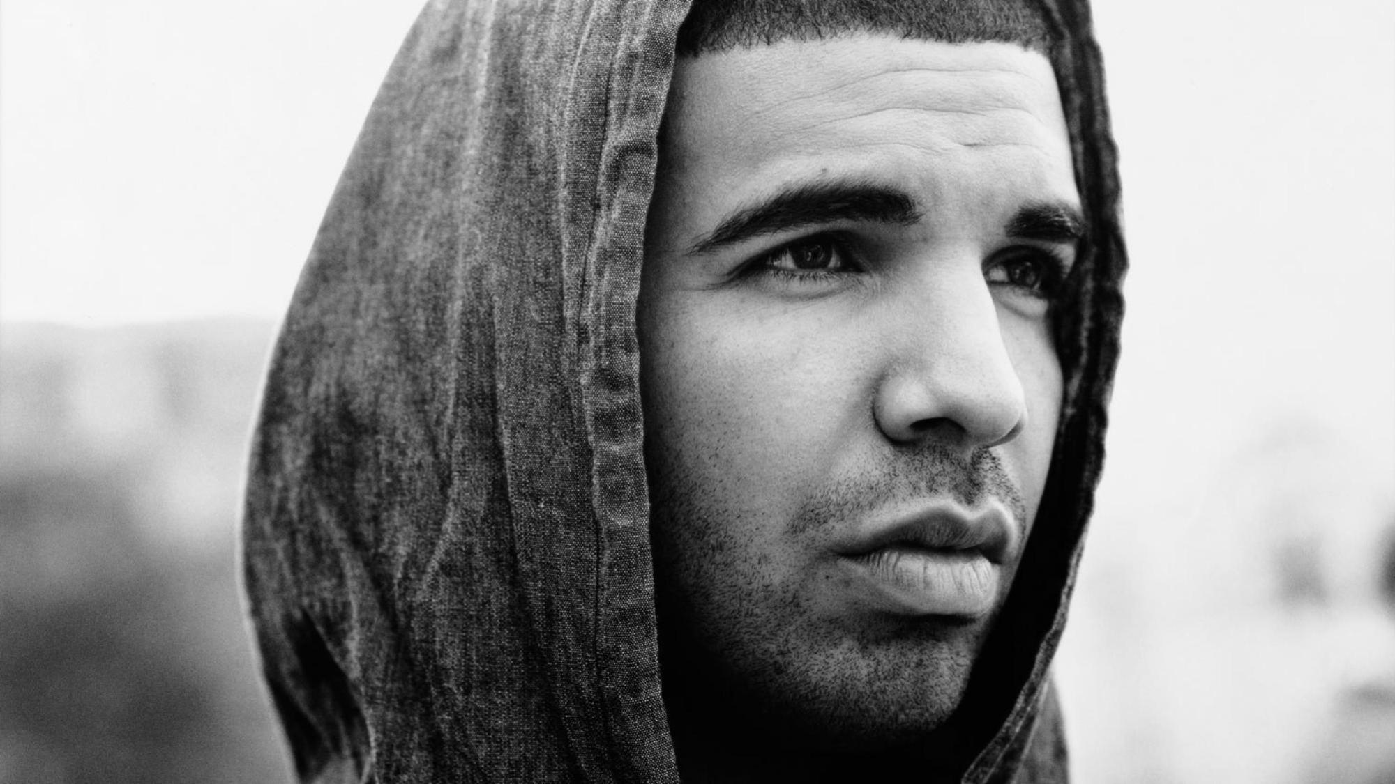 HD Wallpaper of Drake in Black & White Hooded Portrait