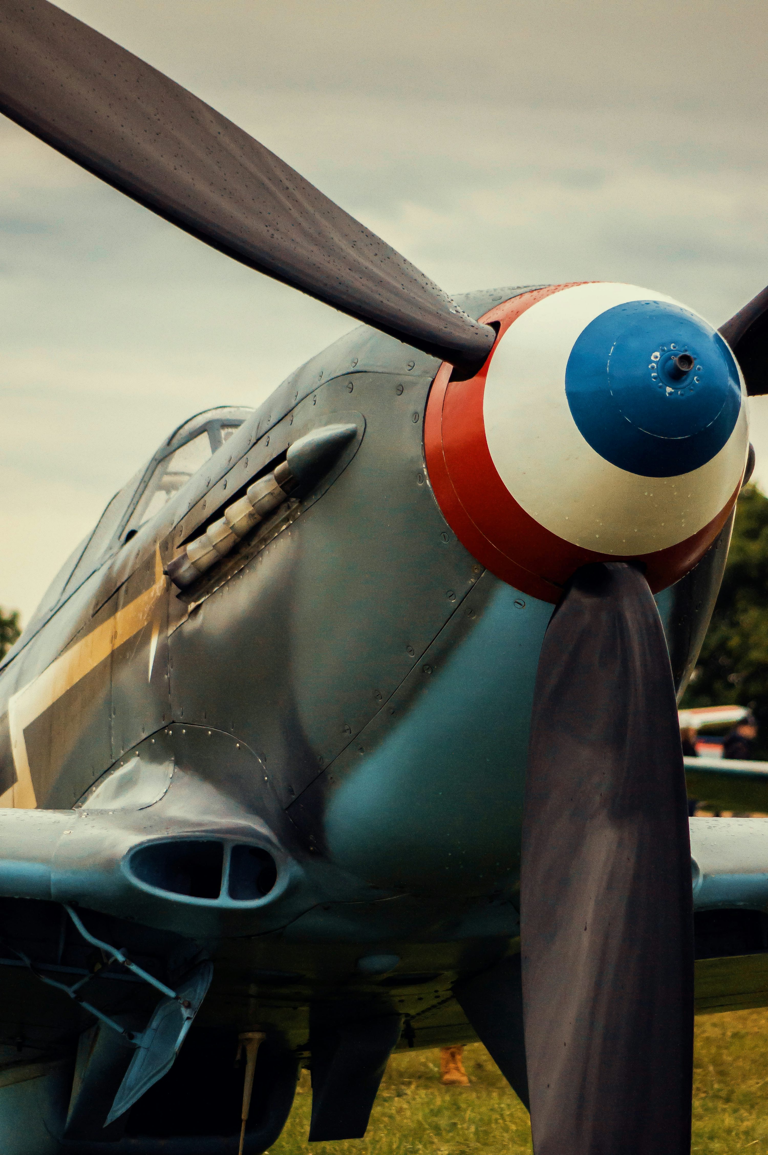 A propeller plane sitting on top of a lush green field photo