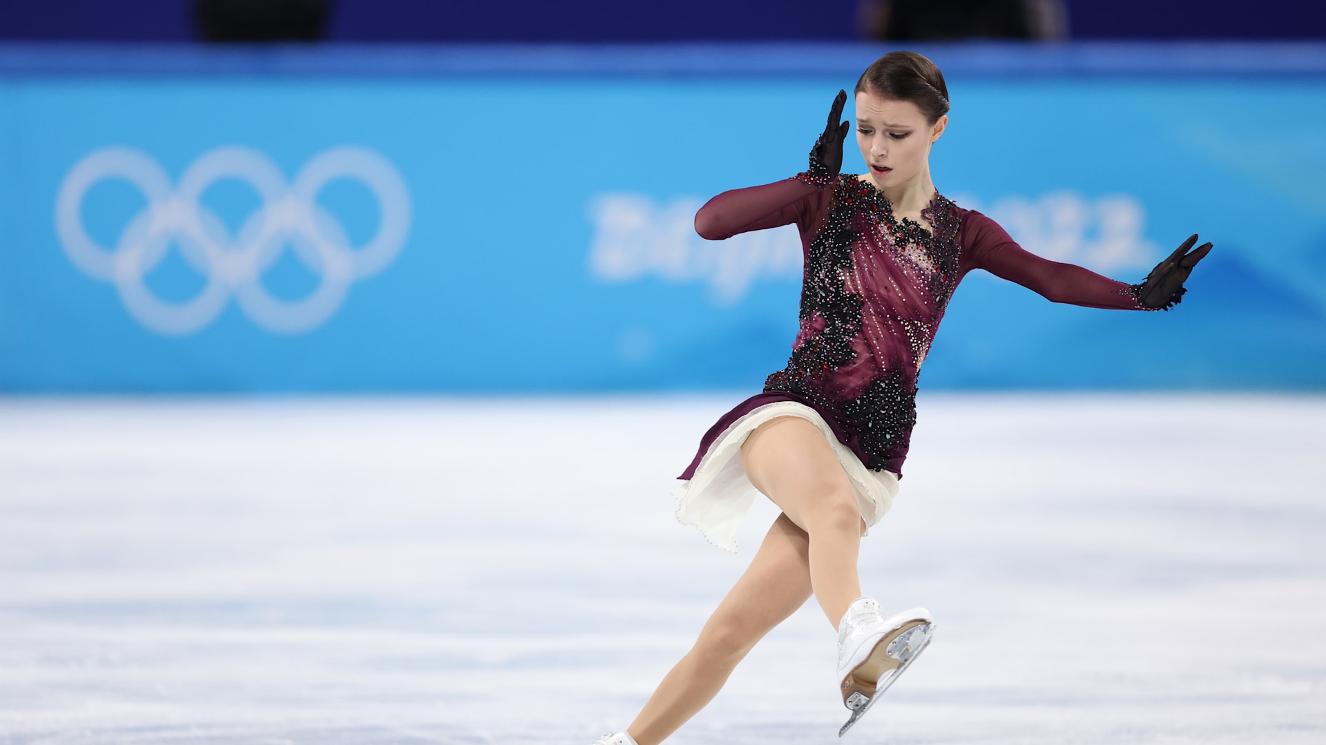Olympic champion figure skater Anna Shcherbakova reacts to gold medal