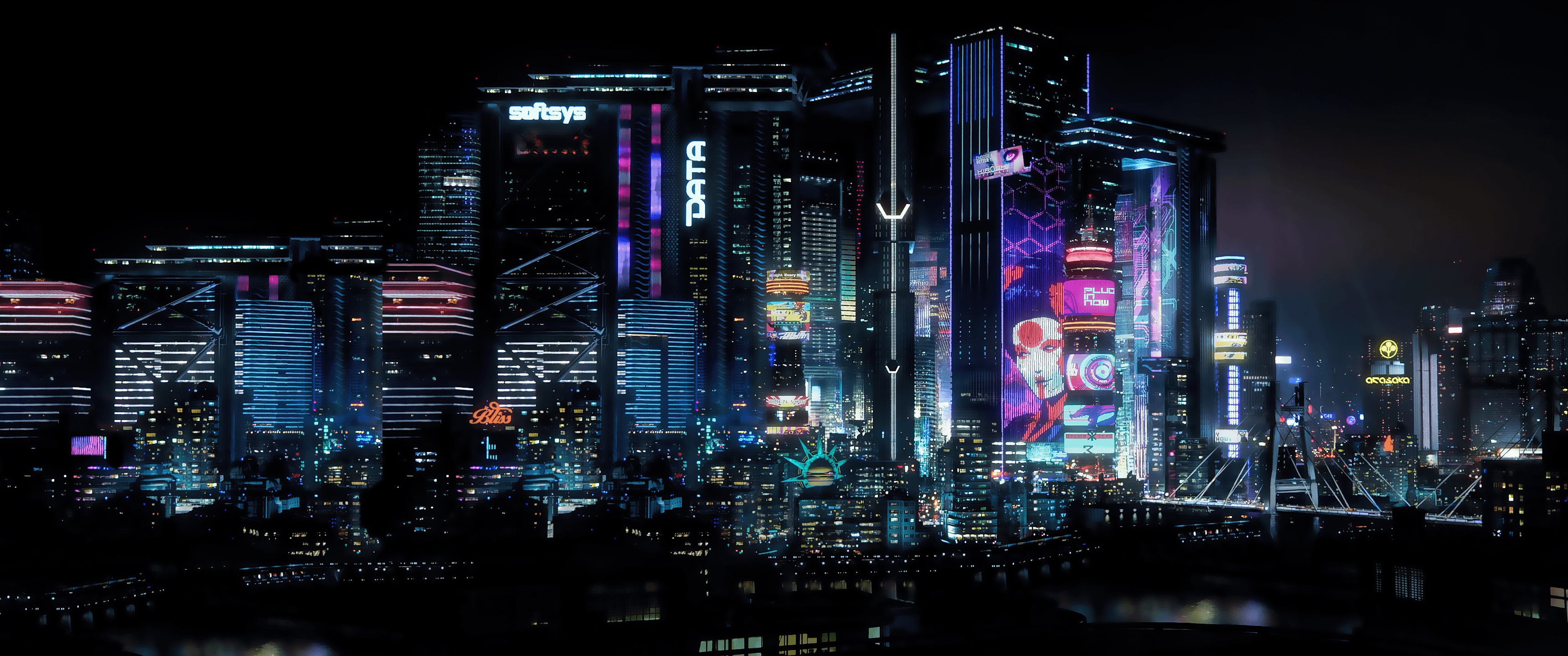 Night City wallpaper from E3 2019 trailer, extended to 3440x1440, not perfect but ¯\_(ツ)_/¯