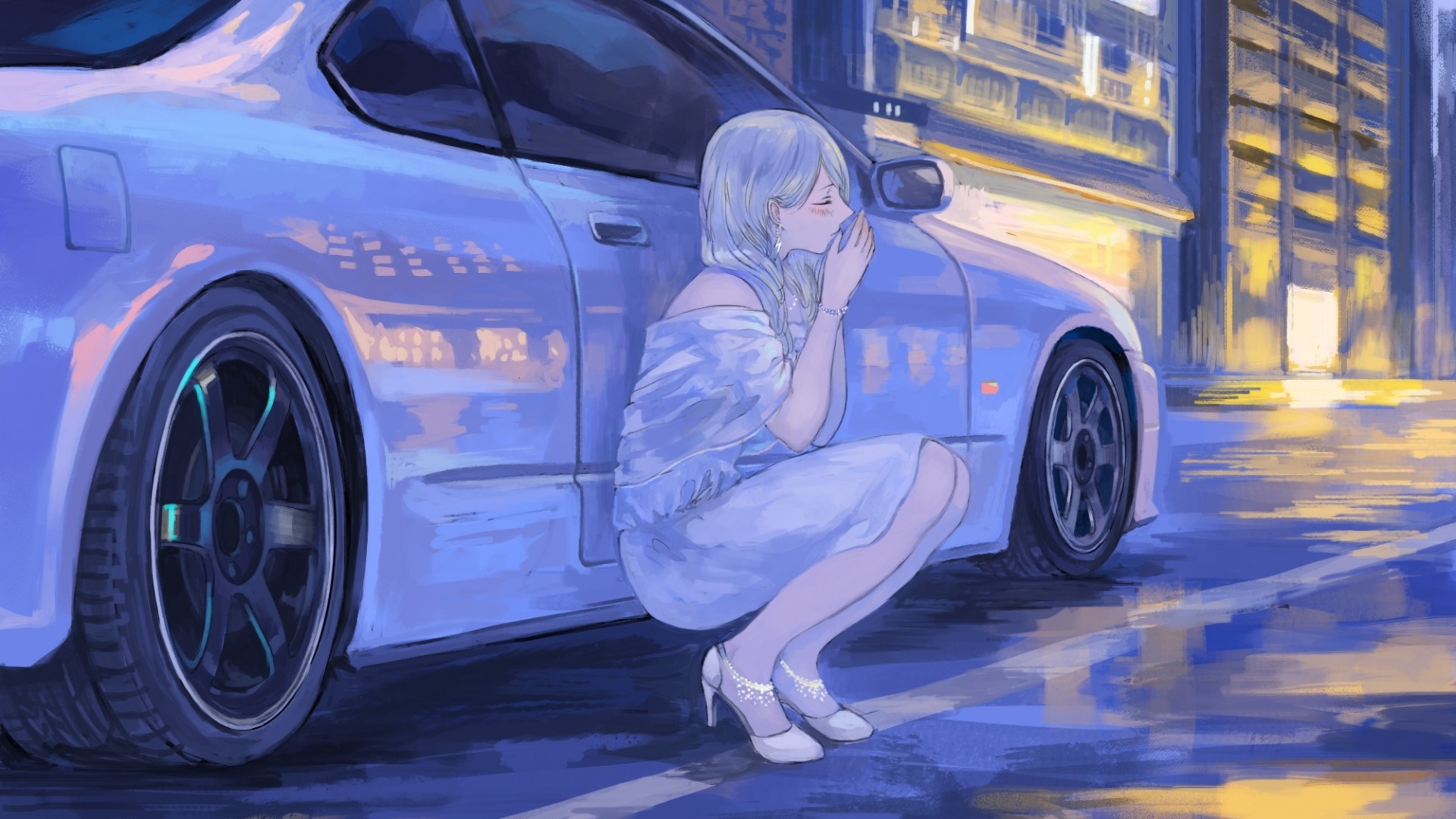 Blue Haired Anime Girl With JDM Car