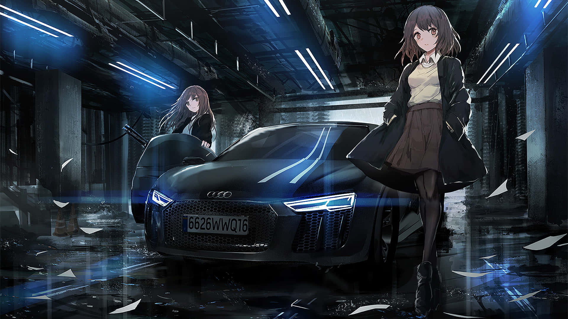 Download Two Anime Girls Standing Next To A Car