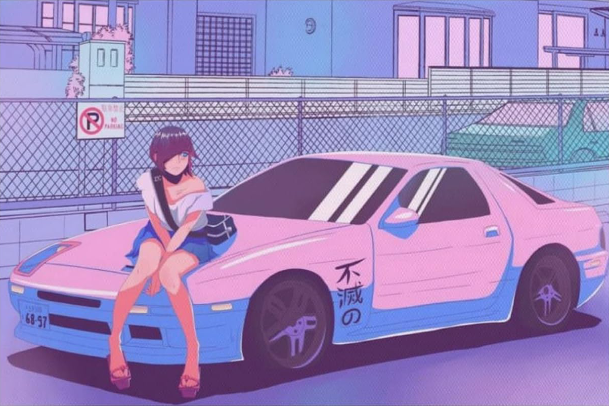 ANIME GIRL SITTING ON JDM CAR CANVAS POSTER