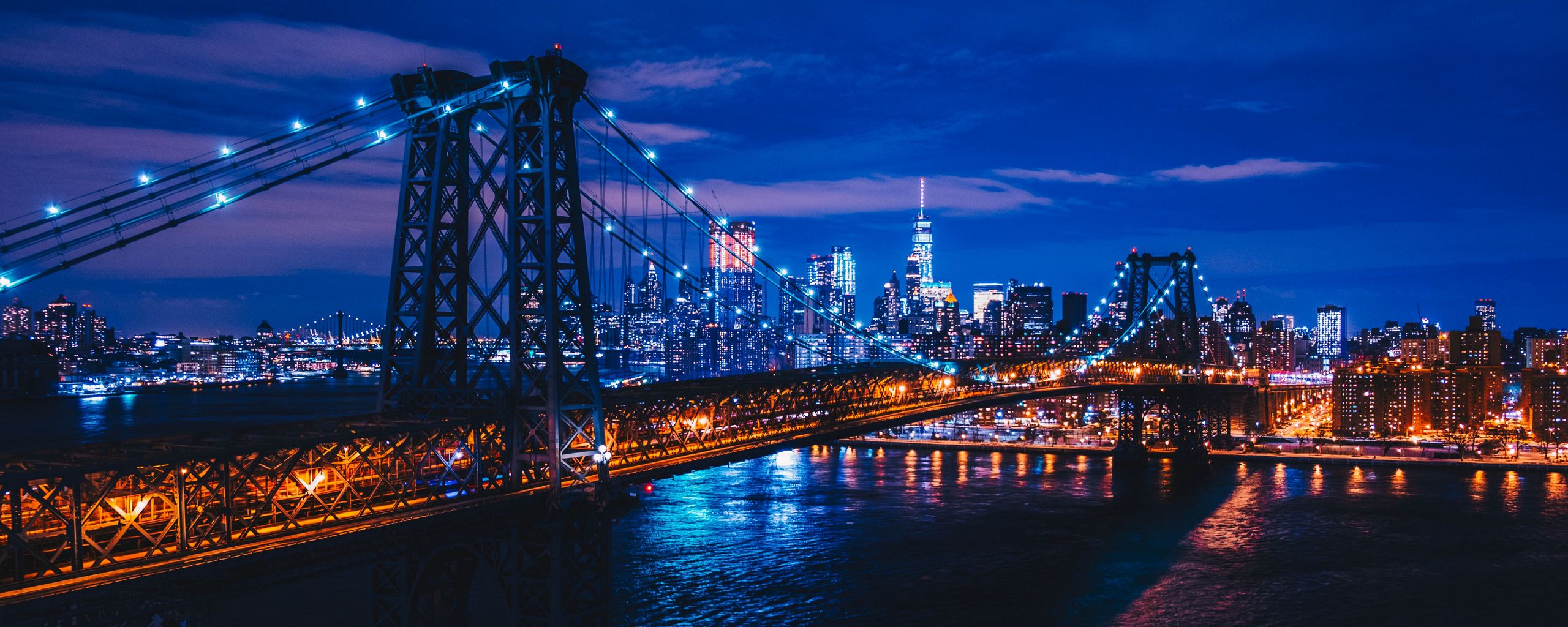 Download wallpaper 2560x1024 new york, usa, night city, bridge ultrawide monitor HD background