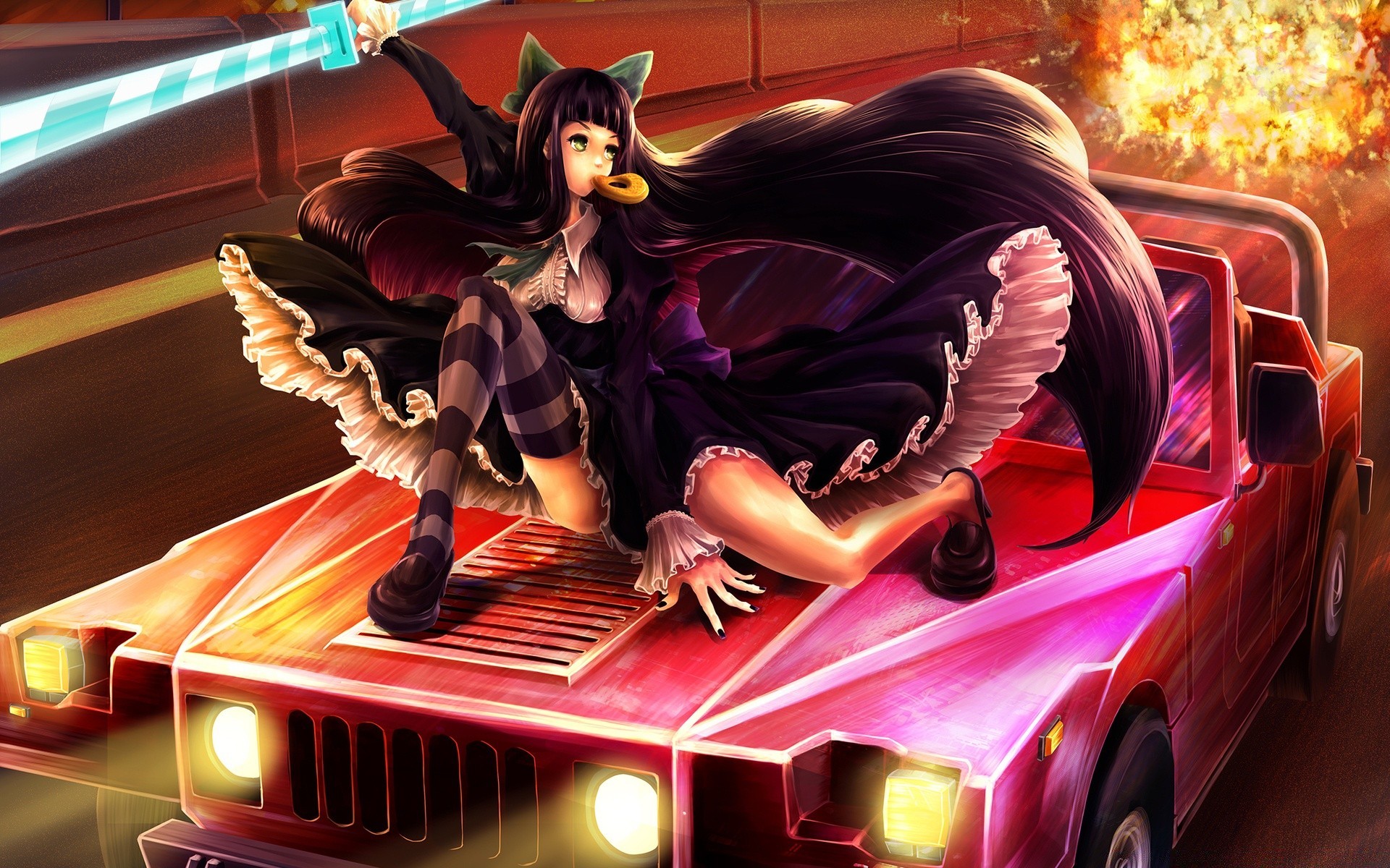 Anime girl with long black hair sitting on the hood of a car